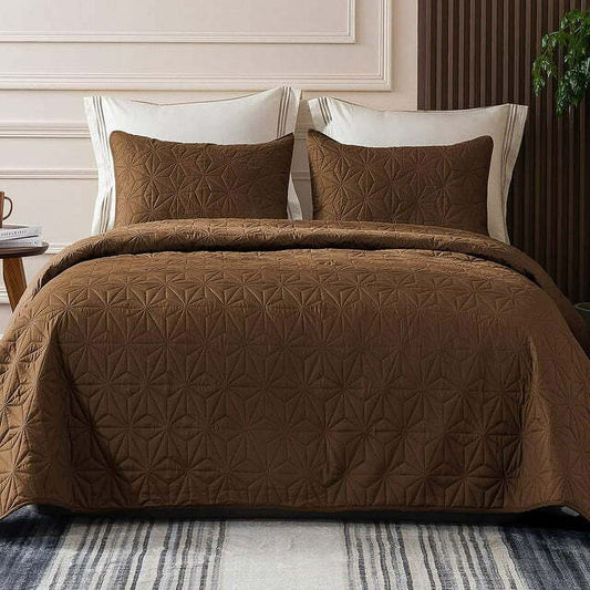 Whale Flotilla Microfiber King Size (96x104 inches) Quilt Set Lightweight Quilted Bedspreads Coverlets Set with Stars Pattern, Brown, 3 Piece (1 Quilt, 2 Shams)