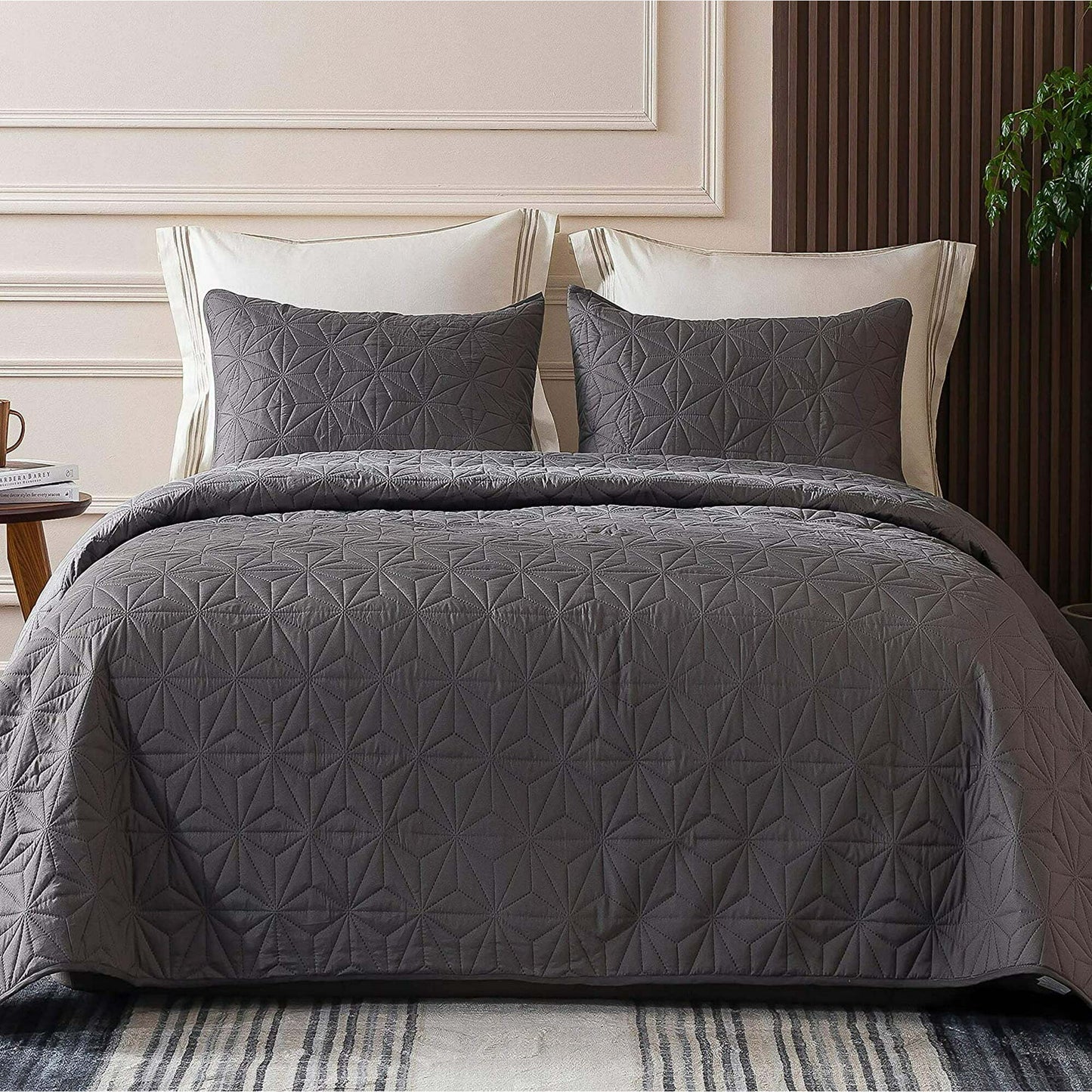 Whale Flotilla Microfiber Twin Size (68x88 inches) Quilt Set Lightweight Quilted Bedspreads Coverlets Set with Stars Pattern, Grey, 2 Piece (1 Quilt, 1 Sham)