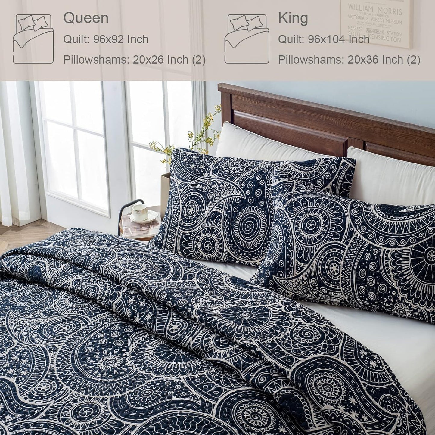 Whale Flotilla Reversible Paisley Quilts Full/Queen Size, Lightweight Boho Printed Bedspreads Coverlets Quilt Bedding Set with 2 Pillow Shams for All Seasons, Navy/Bone