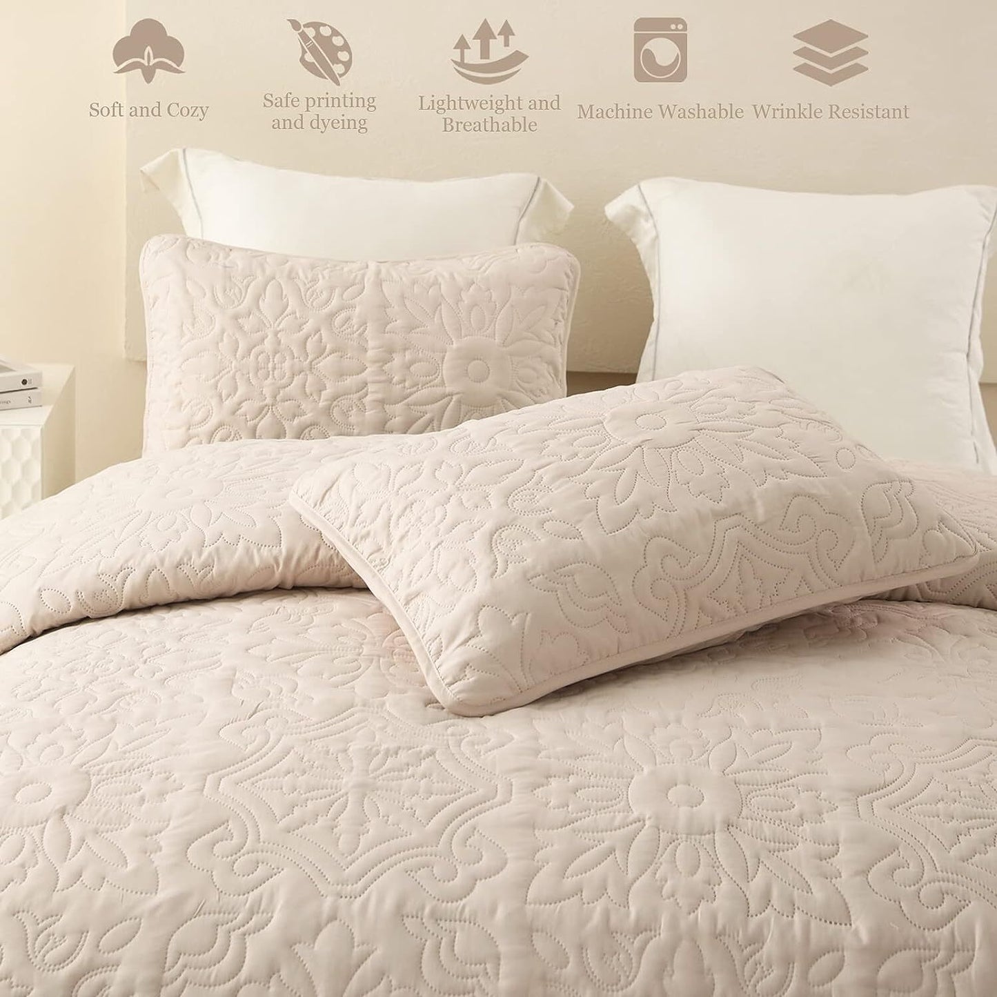 Whale Flotilla 2-Piece Twin Quilt Set, Soft Embossed Bedding Set, Lightweight Bedspread Coverlet with Damask Vintage Pattern, Reversible Bed Cover for All Seasons, Brich Beige