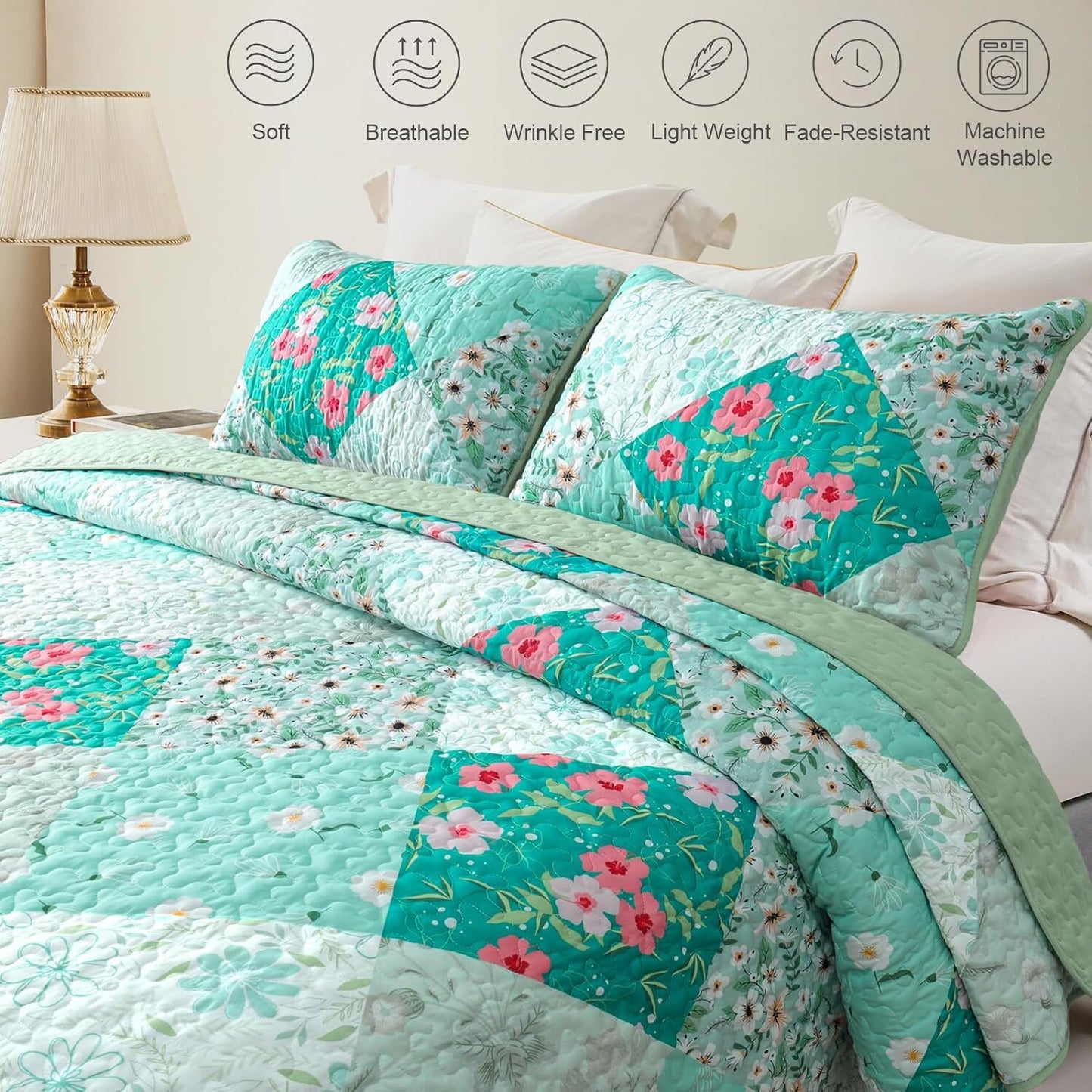 Whale Flotilla Reversible Patchwork Quilts King Size, Lightweight Boho Printed Bedspreads Coverlets Quilt Bedding Set with 2 Pillow Shams for All Seasons, Light Green