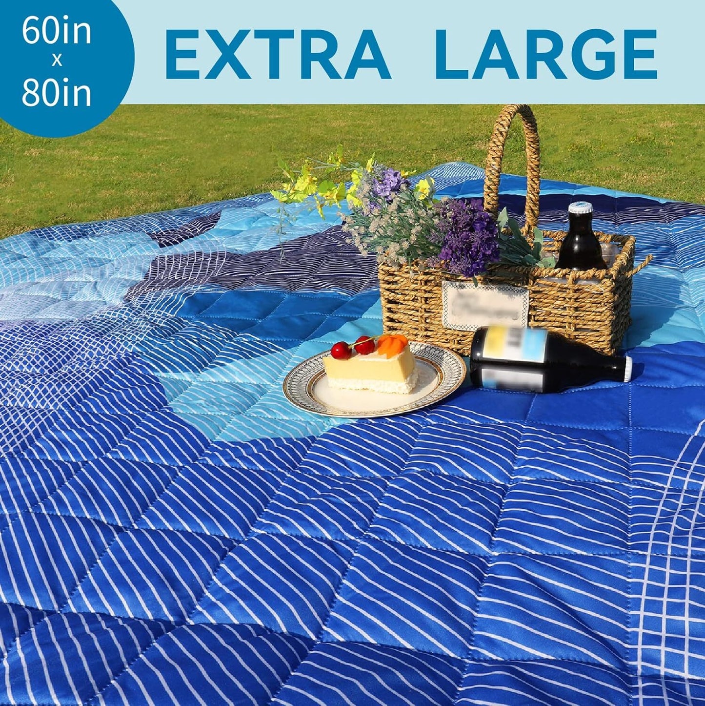 Whale Flotilla Extra Large Outdoor Picnic Blanket (60”x80”), Waterproof Wear-resistant Beach Blanket, Foldable Handy Mat Tote Spring Summer Great for Camping and Park, Blue