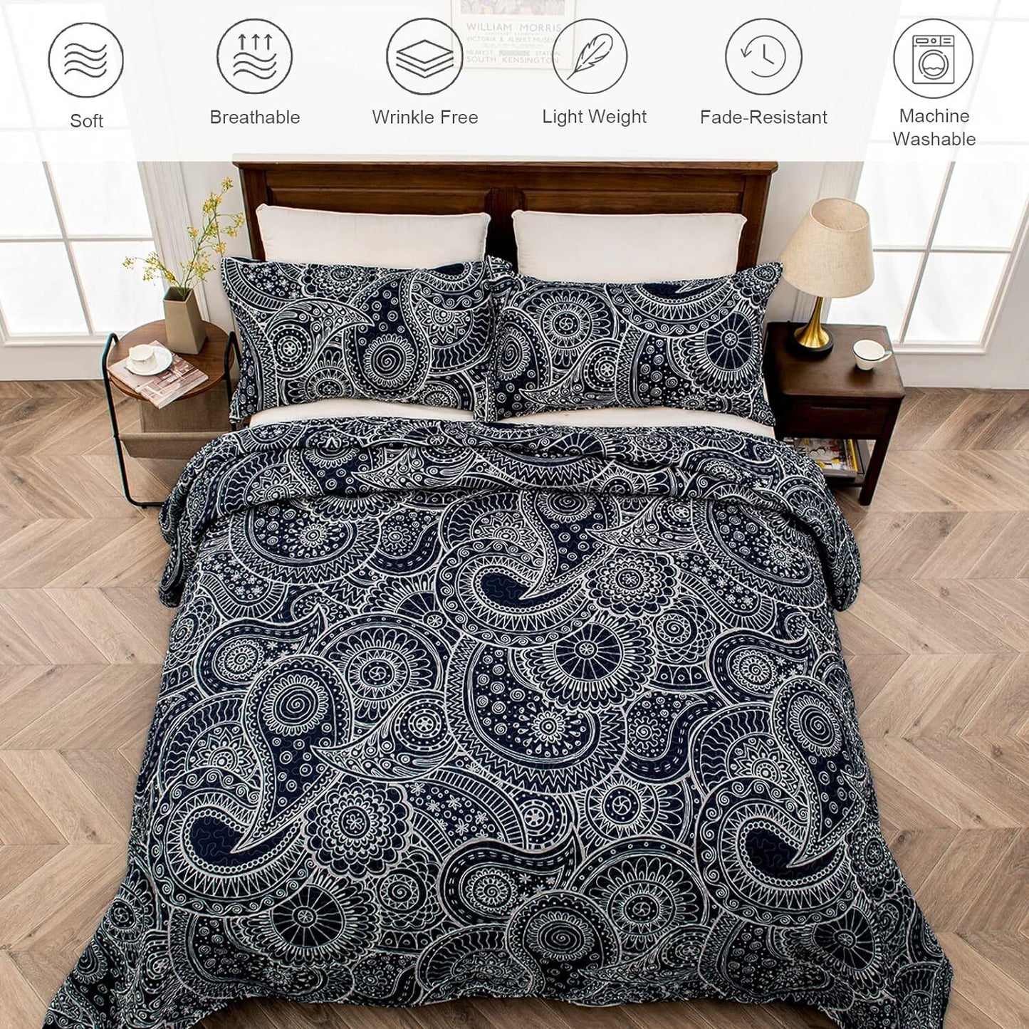 Whale Flotilla Reversible Paisley Quilts Full/Queen Size, Lightweight Boho Printed Bedspreads Coverlets Quilt Bedding Set with 2 Pillow Shams for All Seasons, Navy/Bone