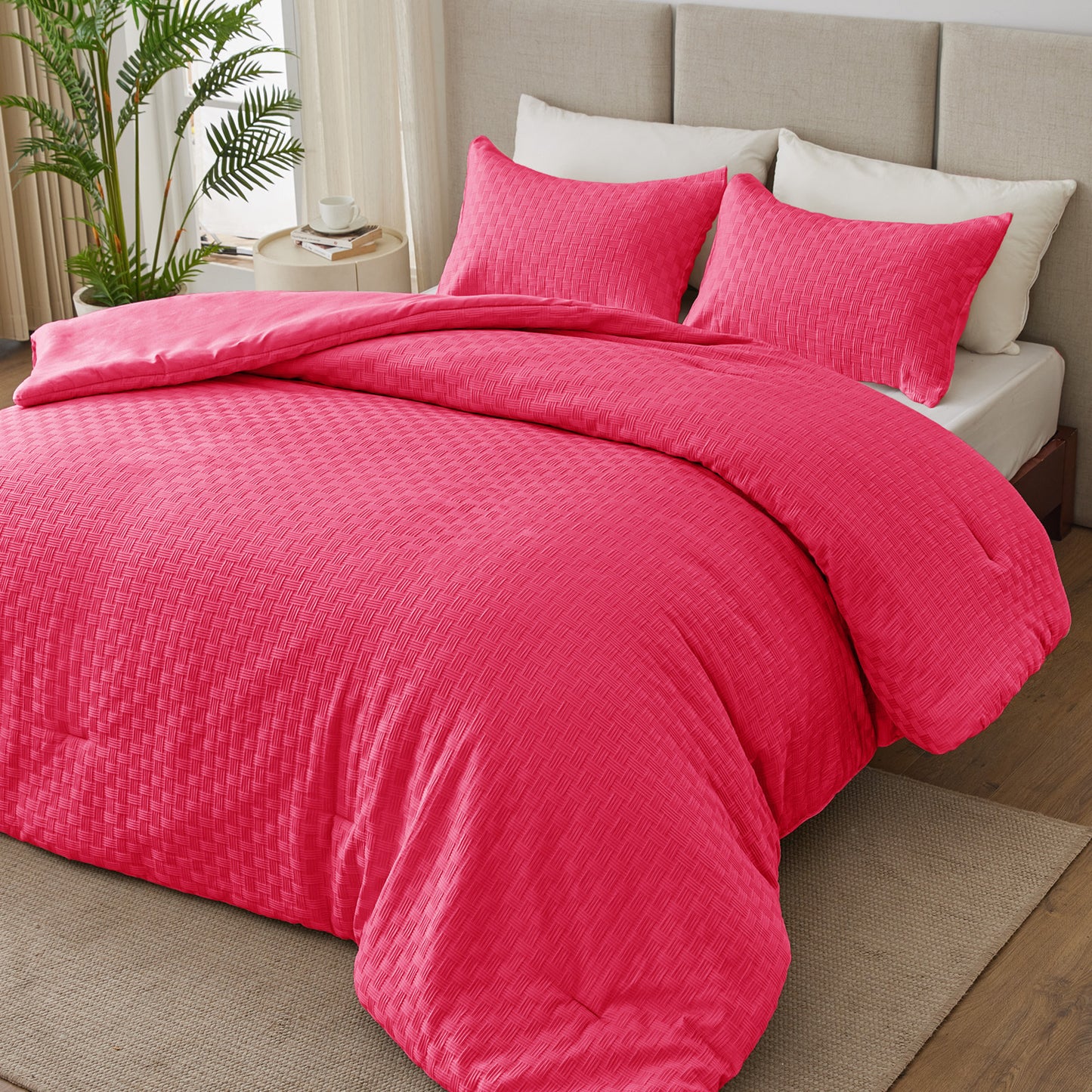 Whale Flotilla 3-Piece Jacquard Braid Ultra Soft Queen Comforter Set, Luxury Reversible Microfiber Comforters Full Size Bedding Set with 2 Pillowcases, Lightweight Duvet for All Seasons, Hot Pink