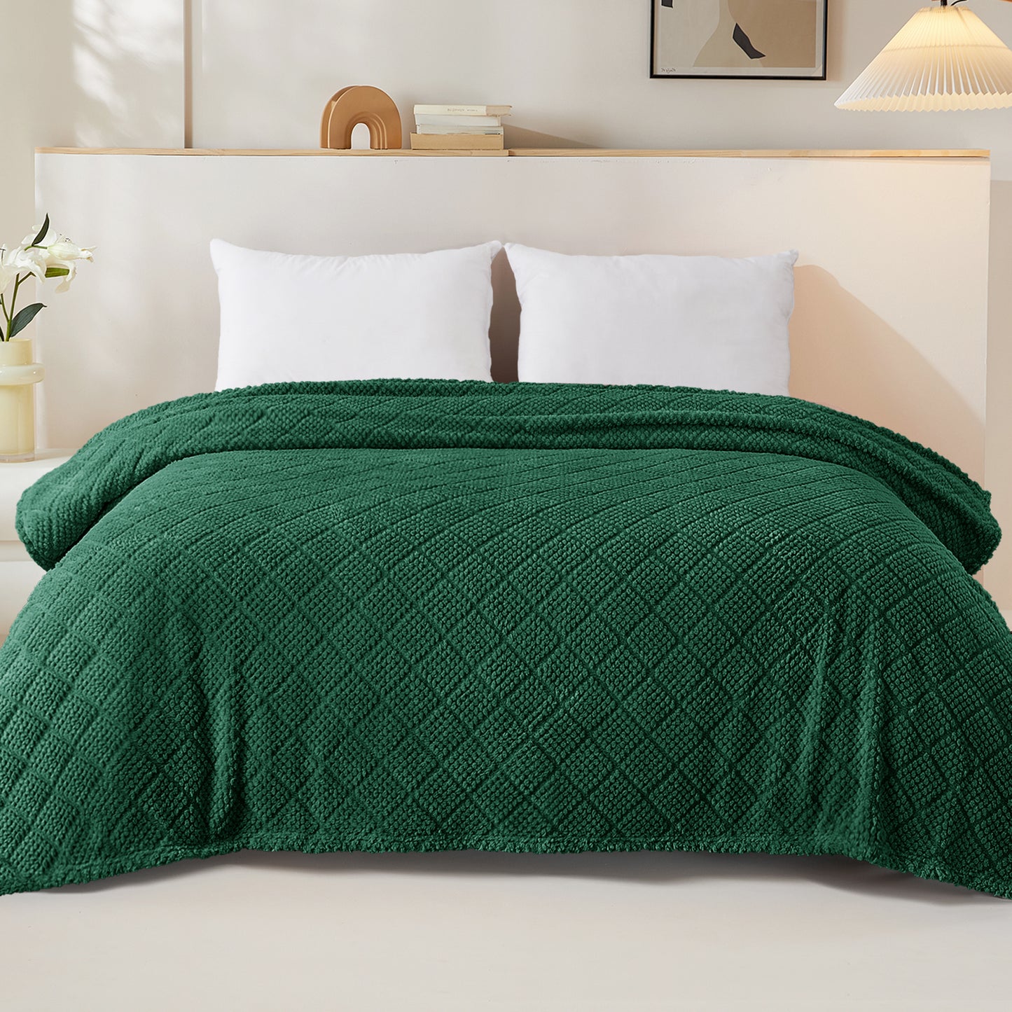 Whale Flotilla Fuzzy Fleece King Size Blanket for Bed, Soft Fluffy Jacquard Waffle Blankets for All Season, Lightweight and Warm, 90x104 Inch, Emerald Green