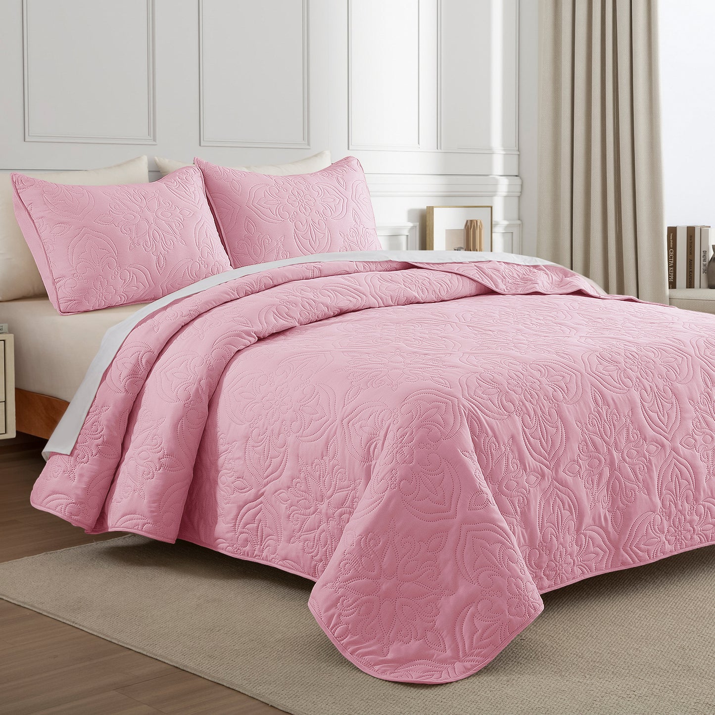 Whale Flotilla Soft King Quilt Bedding Set for All Seasons, Elegant Vintage Damask Ultrasonic Quilts Set, Lightweight Reversible Bedspread, Coverlet, Bed Cover with 2 Pillow Shams, Pink