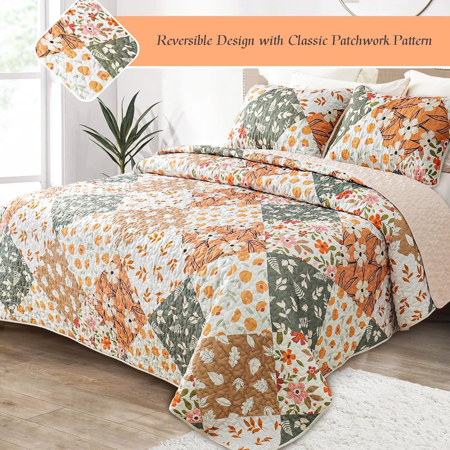 Whale Flotilla Reversible Patchwork Quilts King Size, Lightweight Boho Printed Bedspreads Coverlets Quilt Bedding Set with 2 Pillow Shams for All Seasons, Orange