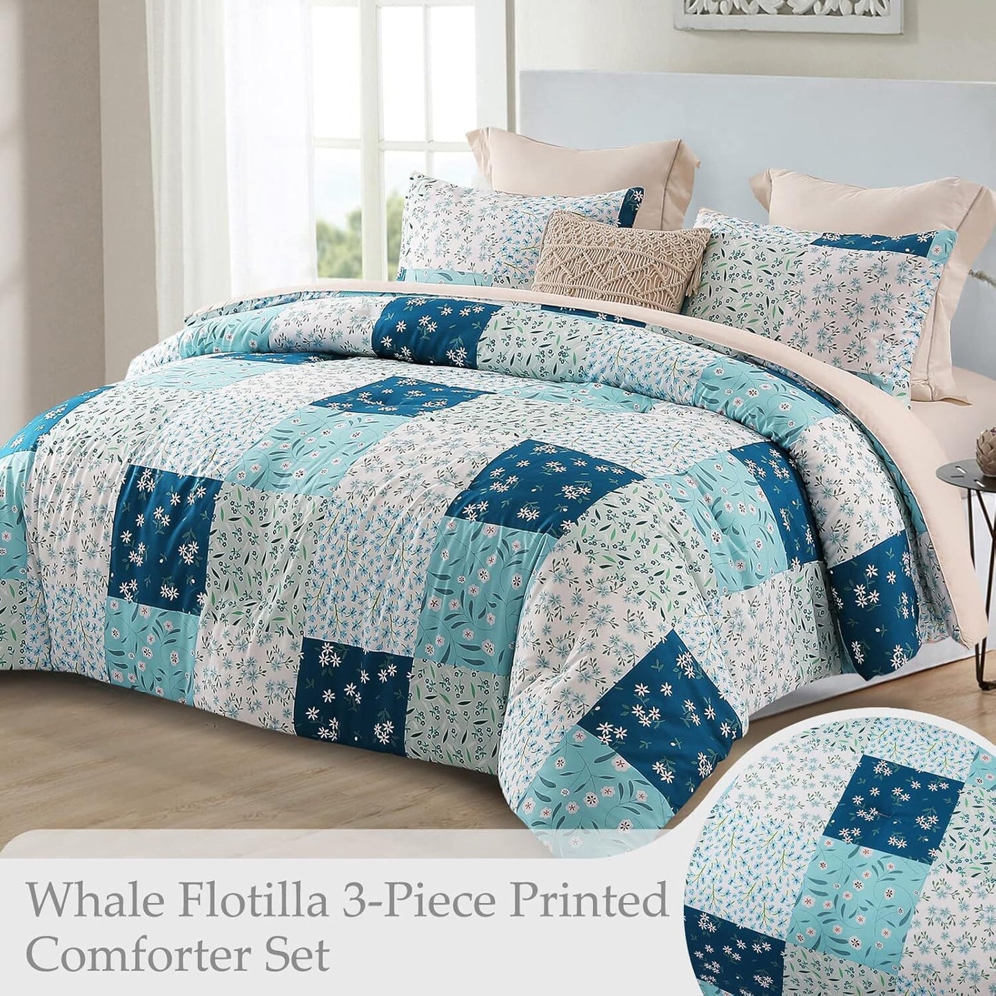 Whale Flotilla 3-Piece Queen Comforter Set, Soft Reversible Full Size Bedding Comforter Sets, Patchwork Printed Down Alternative Comforter Duvet for All Seasons, Blue