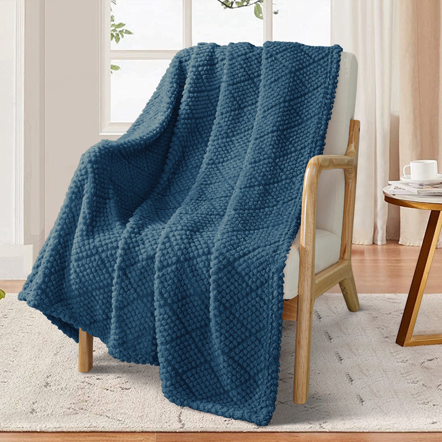 Whale Flotilla Fuzzy Fleece Throw Blanket for Couch, Bed, Soft Fluffy Jacquard Waffle Blankets for All Season, Lightweight and Warm, 50x60 Inch, Navy Blue