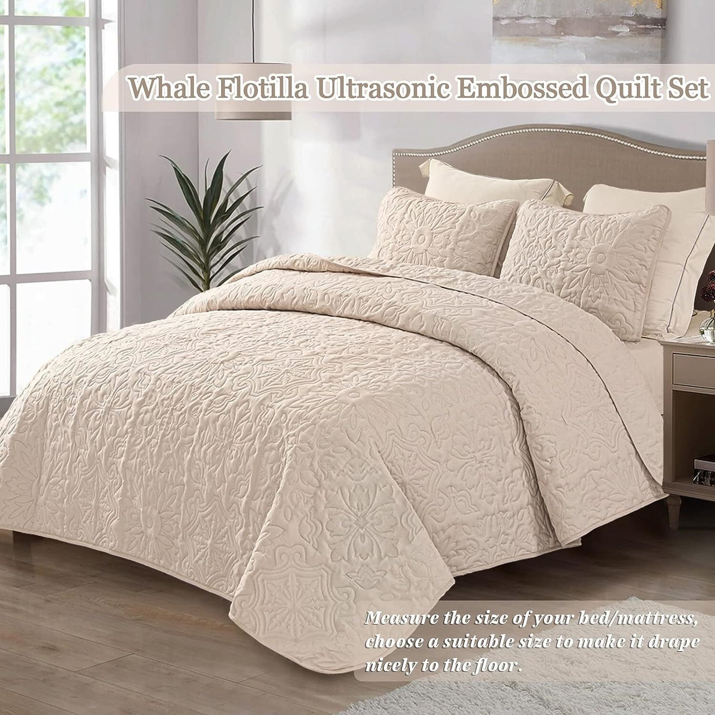 Whale Flotilla 2-Piece Twin Quilt Set, Soft Embossed Bedding Set, Lightweight Bedspread Coverlet with Damask Vintage Pattern, Reversible Bed Cover for All Seasons, Brich Beige