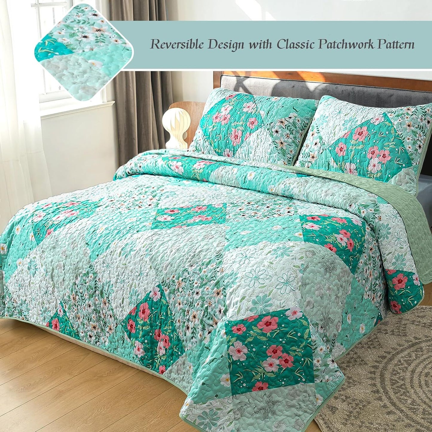 Whale Flotilla Reversible Patchwork Quilts King Size, Lightweight Boho Printed Bedspreads Coverlets Quilt Bedding Set with 2 Pillow Shams for All Seasons, Light Green