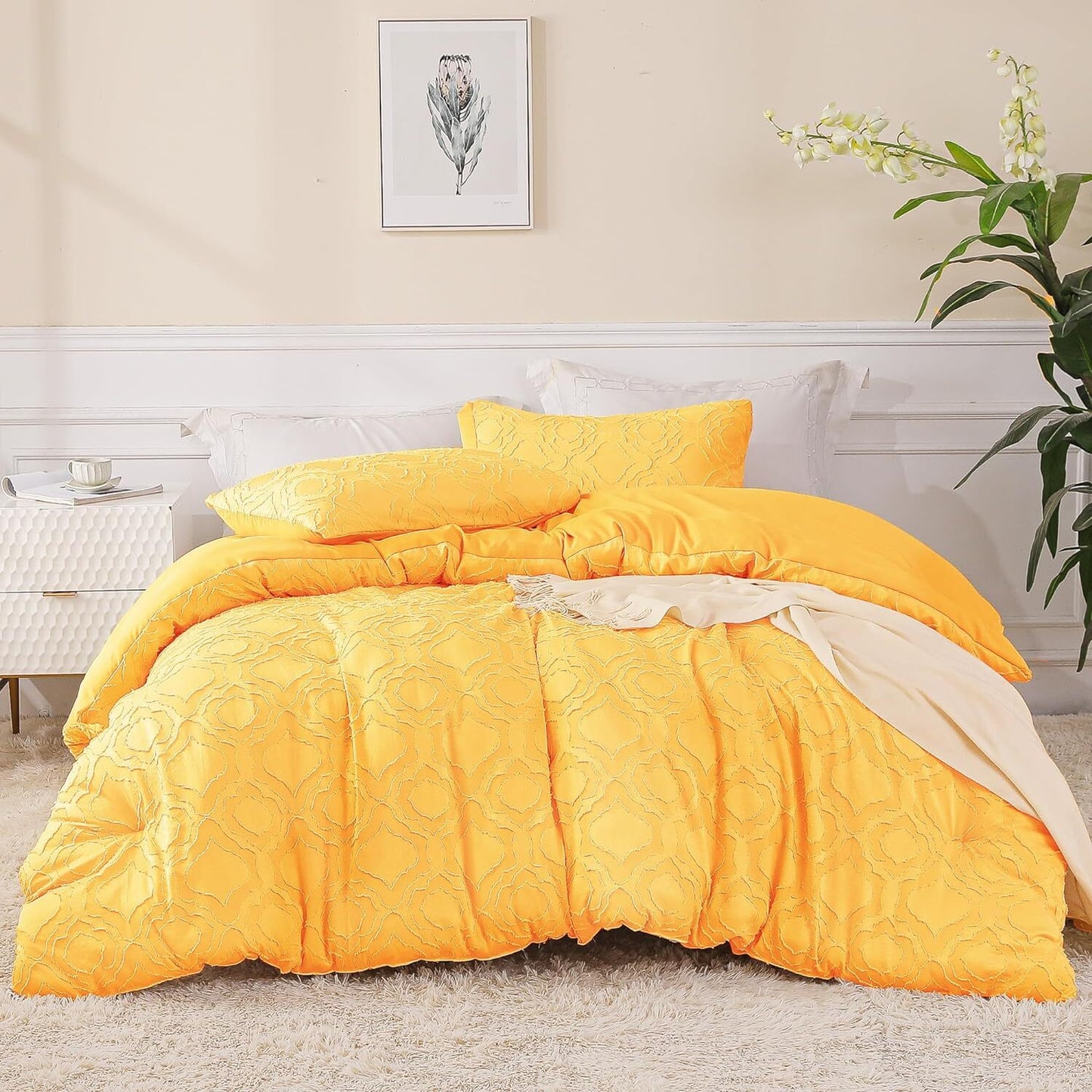 Whale Flotilla 3-Piece Tufted Queen Comforter Set, Soft Fluffy Shabby Chic Comforter for All Seasons, Farmhouse Boho Duvet Bedding Sets with 2 Pillow Shams, 90"x90", Yellow