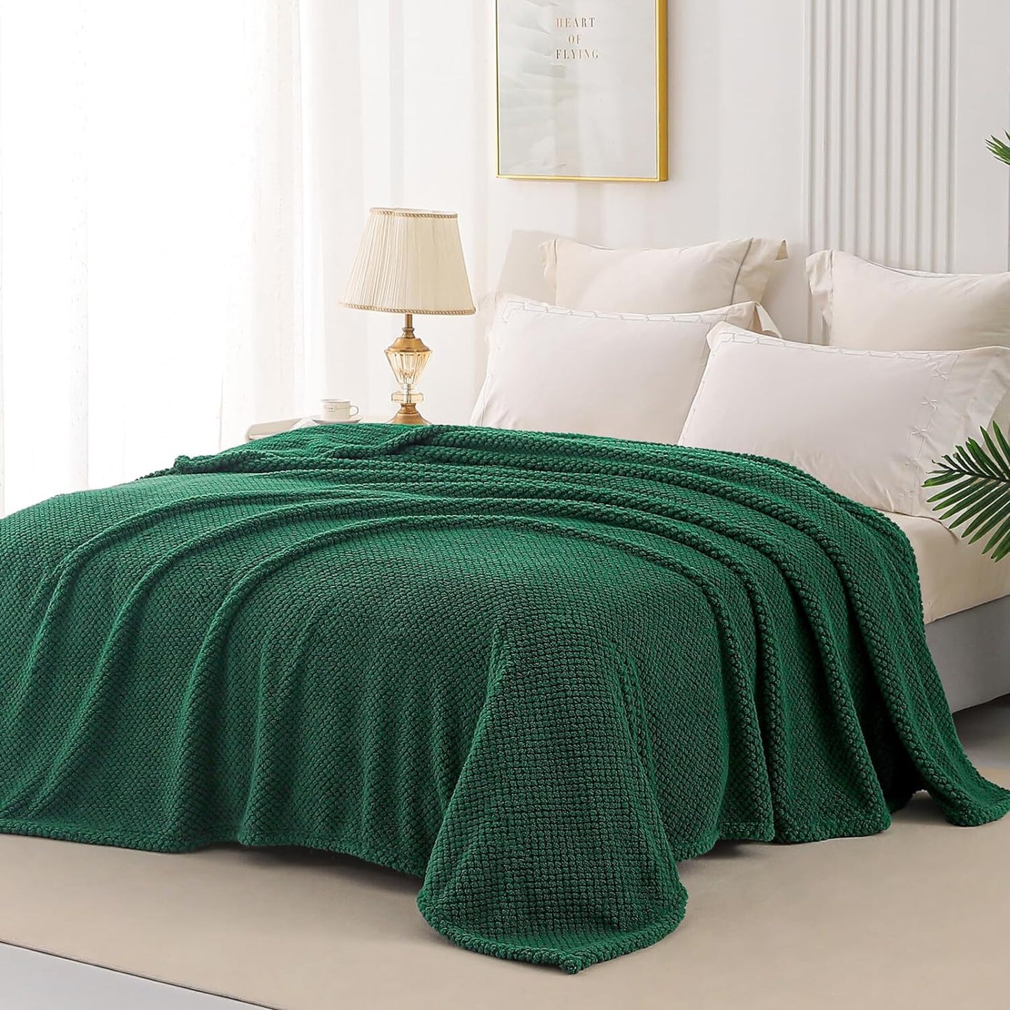 Whale Flotilla King Size Fuzzy Fleece Blanket, Fluffy Warm Soft Jacquard Bed Blankets for Fall Winter, Lightweight and Cozy, 90x104 Inch, Deep Green