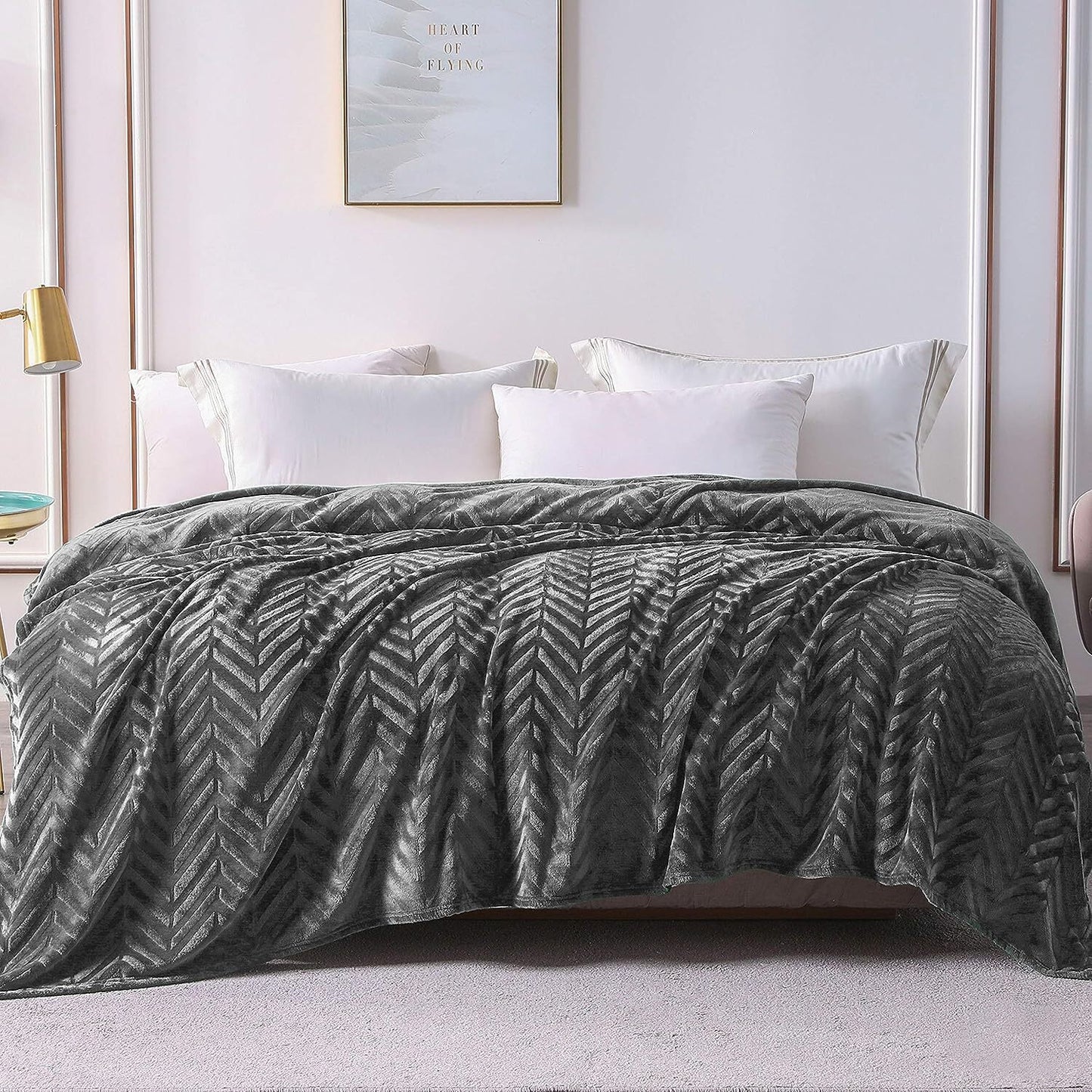 Whale Flotilla Flannel Fleece Twin Size Bed Blanket, Soft Velvet Lightweight Bedspread Plush Fluffy Coverlet Chevron Design Decorative Blanket for All Season, 90x66 Inch, Dark Grey