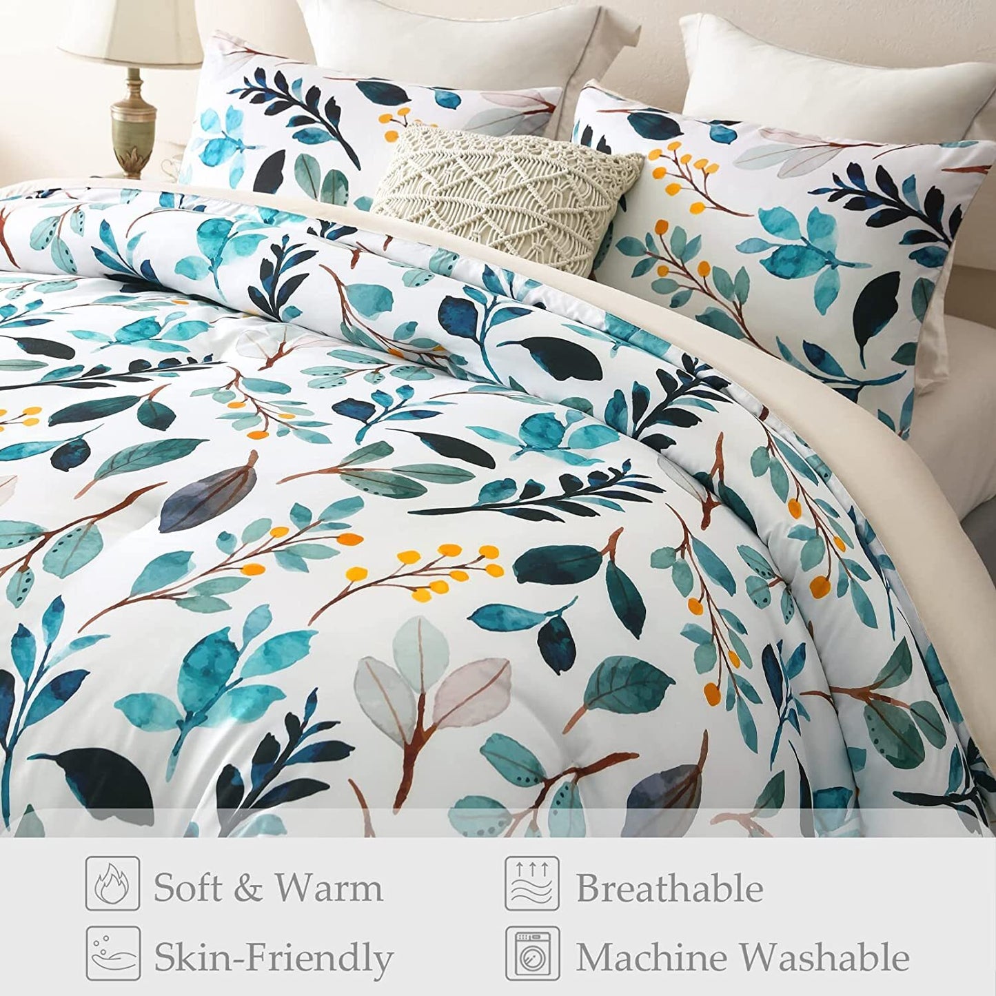 Whale Flotilla 3-Piece King Comforter Set, Soft Reversible Bedding Comforter Sets, Botanical Leaf Printed Down Alternative Comforter Duvet for All Seasons, Blue