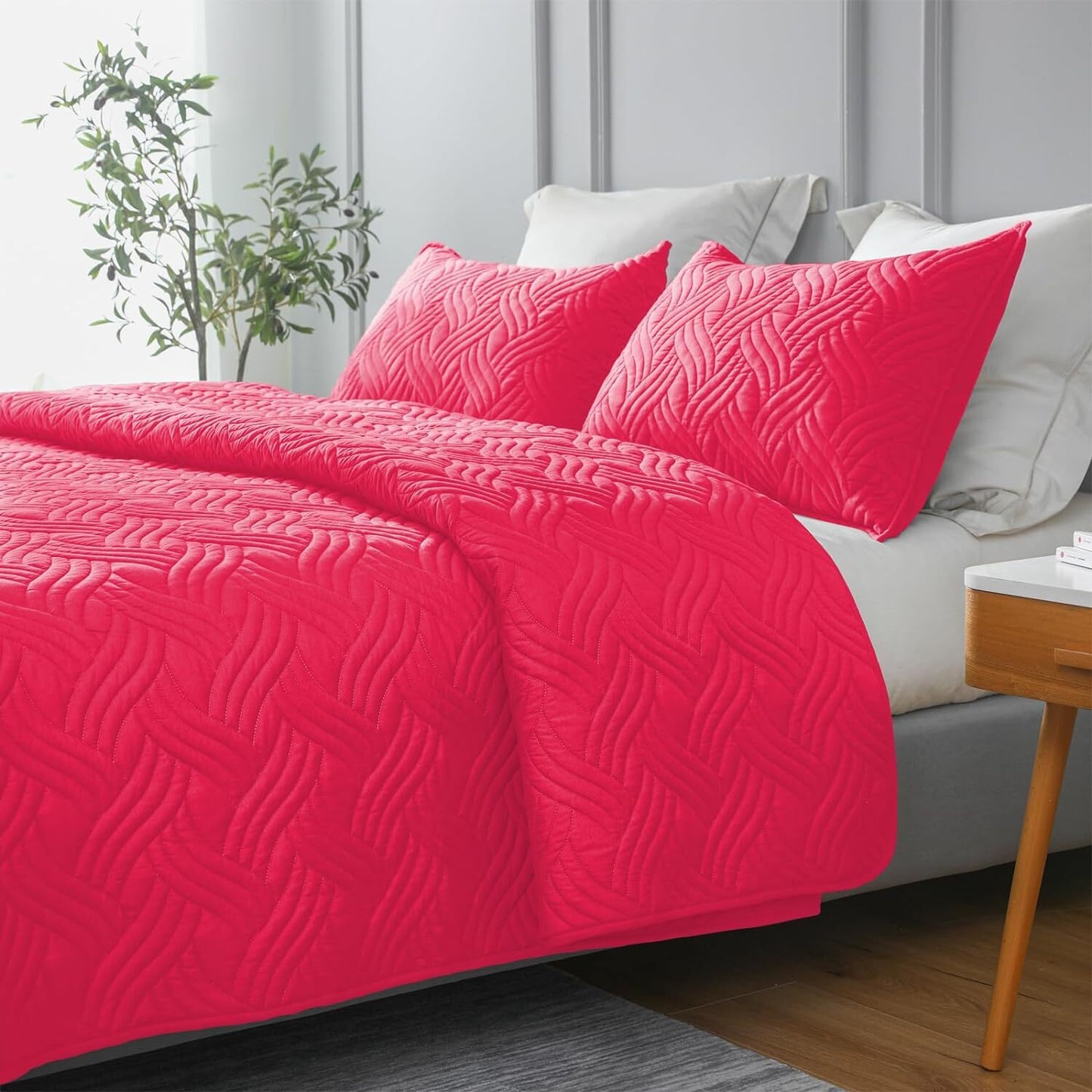 Whale Flotilla Quilt Set Twin Size, Soft Microfiber Lightweight Bedspread Coverlet Bed Cover (Wave Pattern) for All Seasons£¬Hot Pink, 2 Pieces (Includes 1 Quilt,1 Sham)