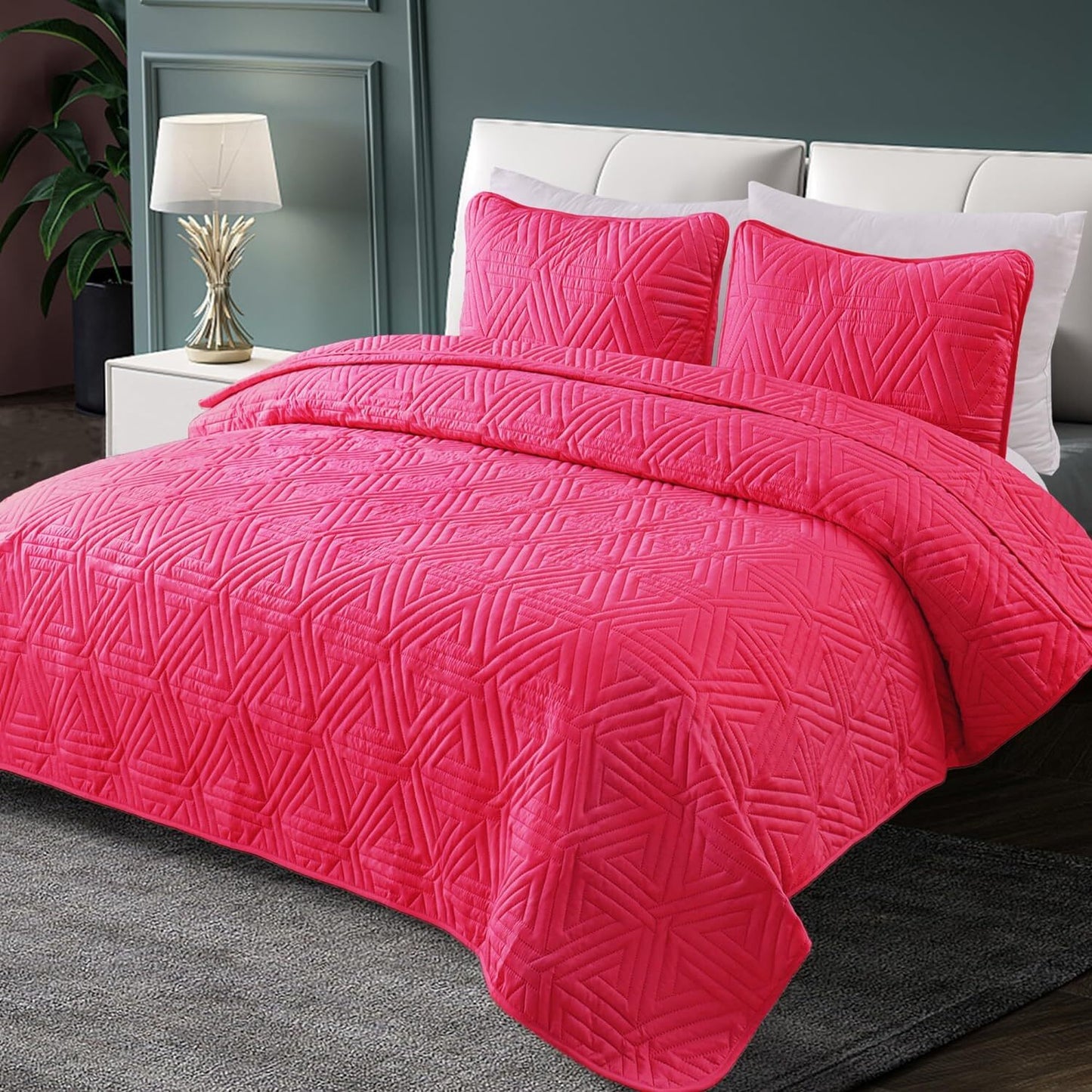 Whale Flotilla 3-Piece Californian King Size Quilt Set/Bedspreads/Coverlets for All Season, Classic Geometric Pattern Bedding Set with 2 Pillow Shams, Soft and Lightweight, Hot Pink