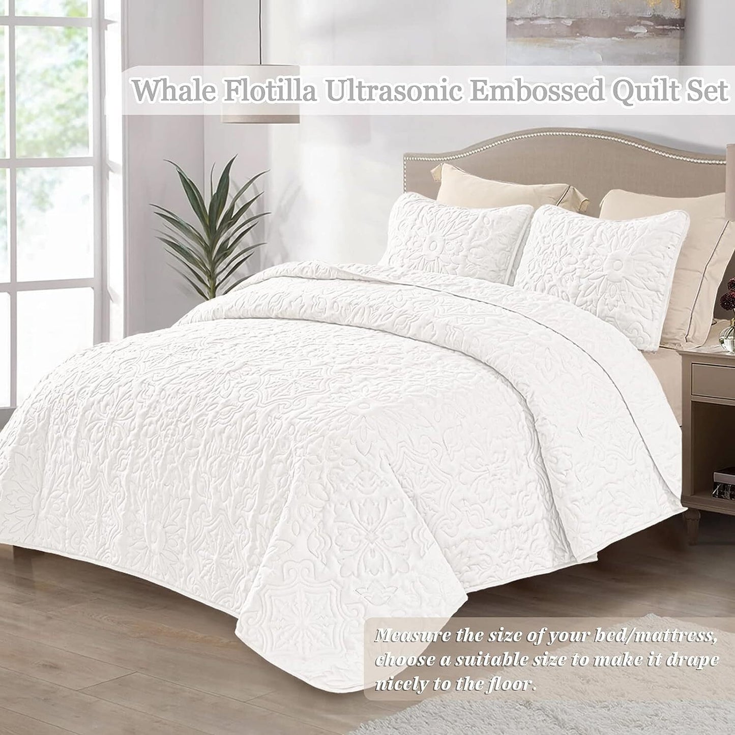 Whale Flotilla 3-Piece King Quilt Set, Soft Embossed Bedding Set, Lightweight Bedspread Coverlet with Damask Vintage Pattern, Reversible Bed Cover for All Seasons, White