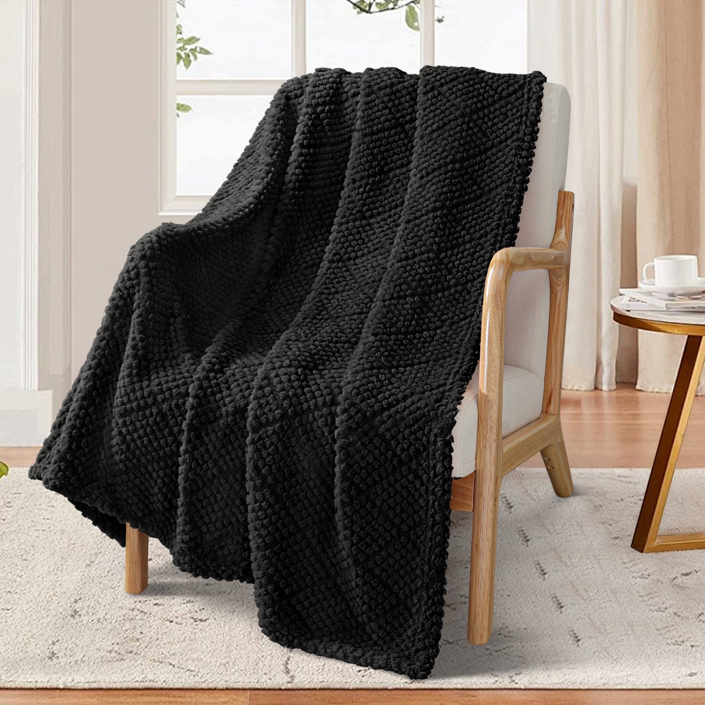 Whale Flotilla Fuzzy Fleece Throw Blanket for Couch, Bed, Soft Fluffy Jacquard Waffle Blankets for All Season, Lightweight and Warm, 50x60 Inch, Black