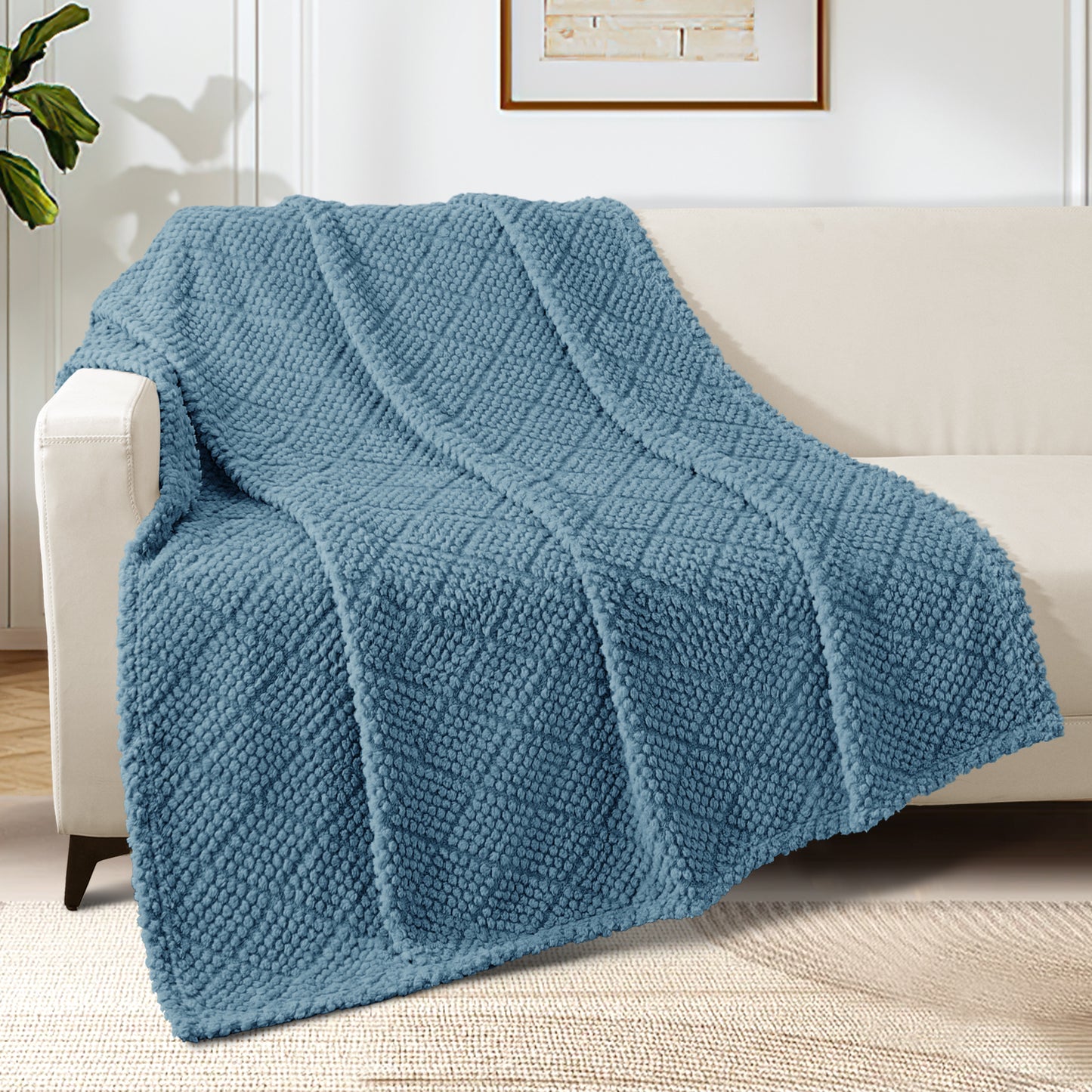 Whale Flotilla Fuzzy Fleece Throw Blanket for Couch, Bed, Soft Fluffy Jacquard Waffle Blankets for All Season, Lightweight and Warm, 50x60 Inch, Slate Blue