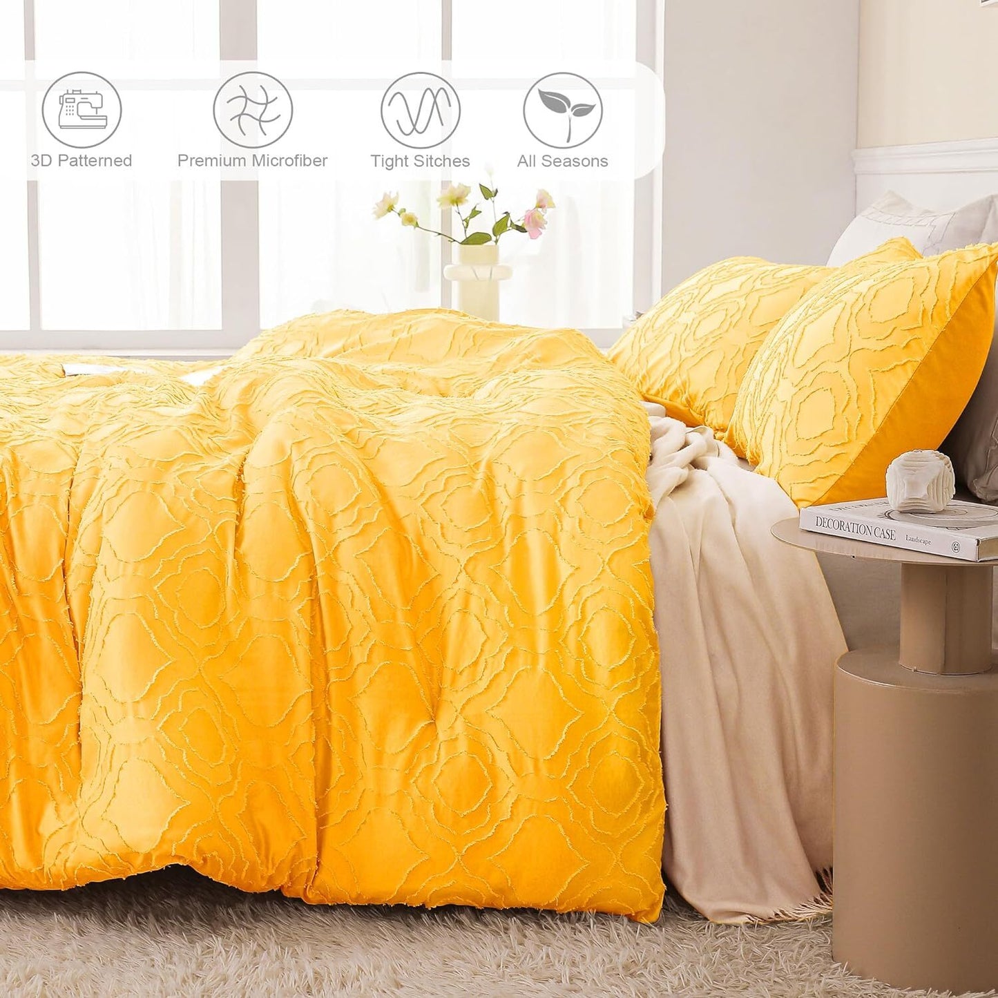 Whale Flotilla 3-Piece Tufted Queen Comforter Set, Soft Fluffy Shabby Chic Comforter for All Seasons, Farmhouse Boho Duvet Bedding Sets with 2 Pillow Shams, 90"x90", Yellow