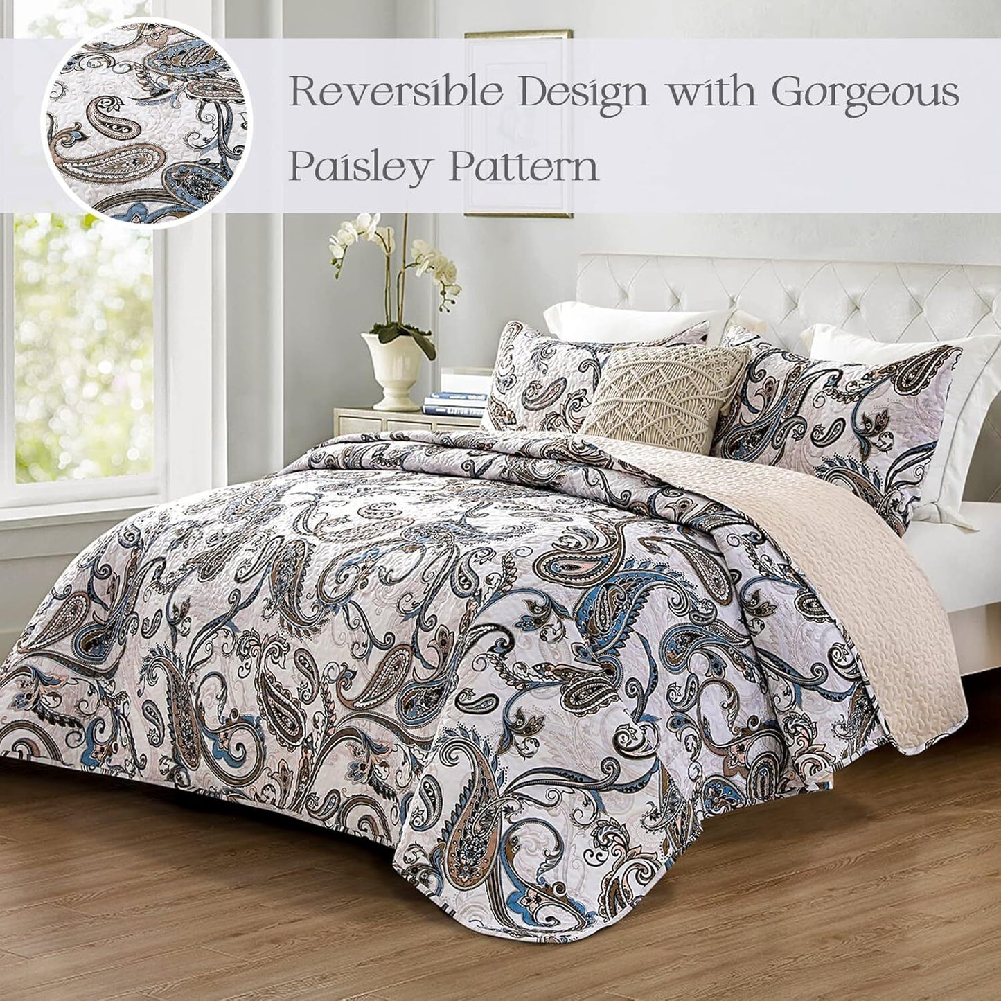 Whale Flotilla Reversible Paisley Quilts King Size, Lightweight Boho Printed Bedspreads Coverlets Quilt Bedding Set with 2 Pillow Shams for All Seasons, Bone/Grey