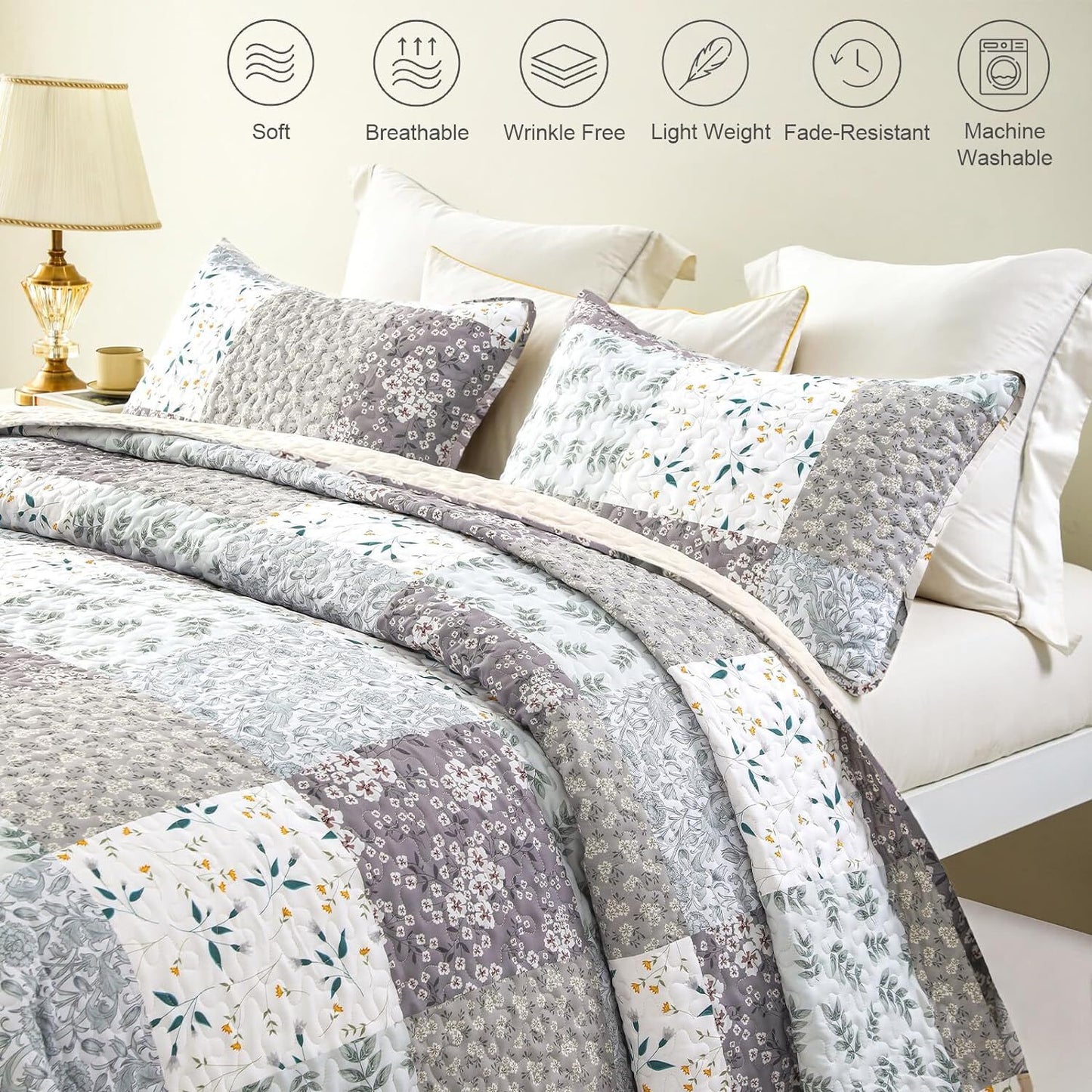 Whale Flotilla Reversible Patchwork Quilts King Size, Lightweight Boho Printed Bedspreads Coverlets Quilt Bedding Set with 2 Pillow Shams for All Seasons, Light Grey