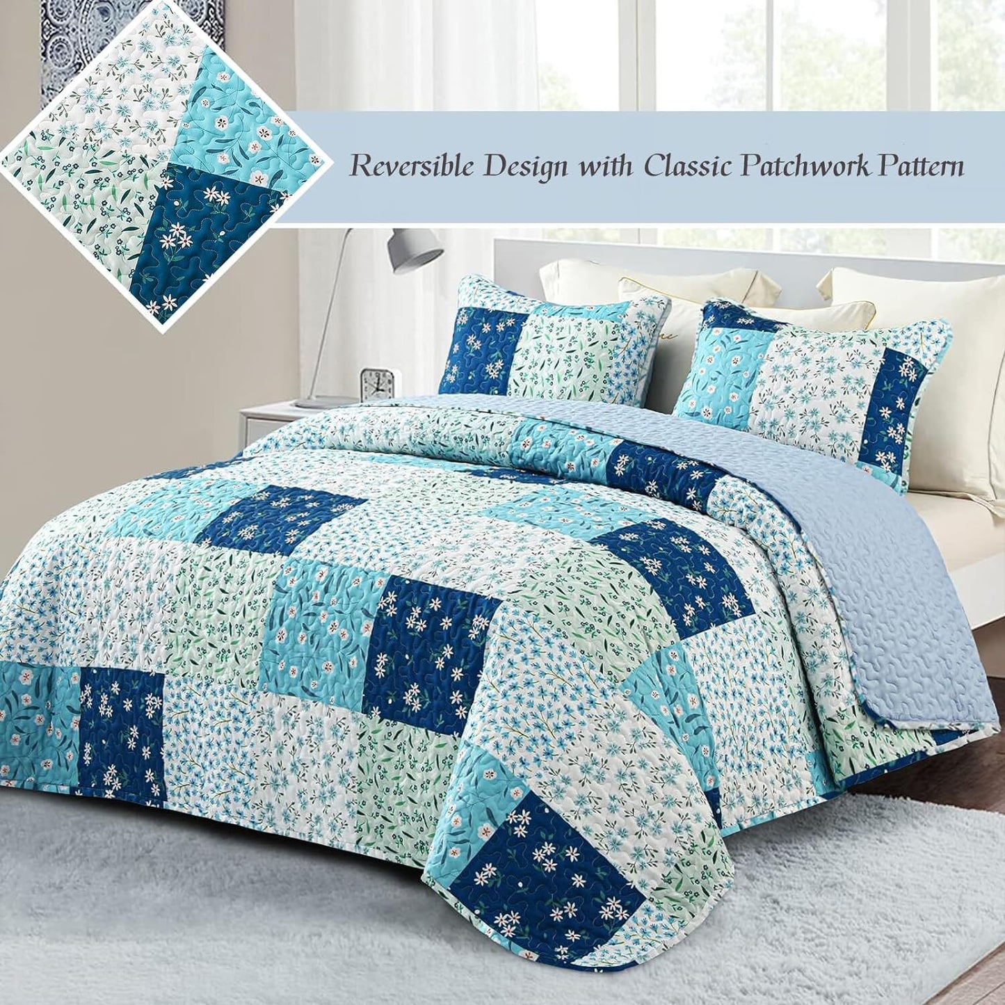 Whale Flotilla Reversible Quilts with Plaid Patchwork Pattern，Full/Queen Size Lightweight Bedspreads including 2 Pillow Shams