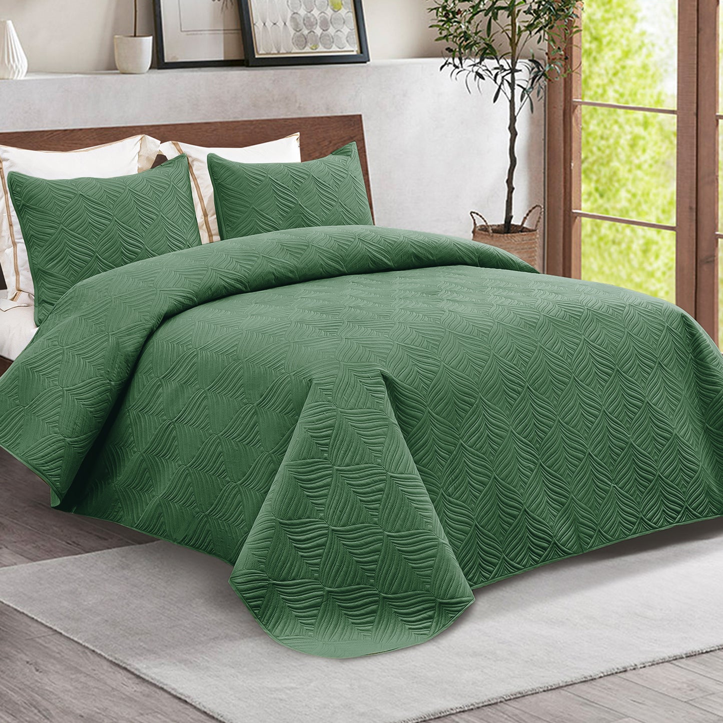 Whale Flotilla 3-Piece King Size Quilt Set, Soft Ultrasonic Embossed Bedding Set, Lightweight Bedspread Coverlet with Vintage Pattern, Reversible Bed Cover for All Seasons, Vintage Sage Green