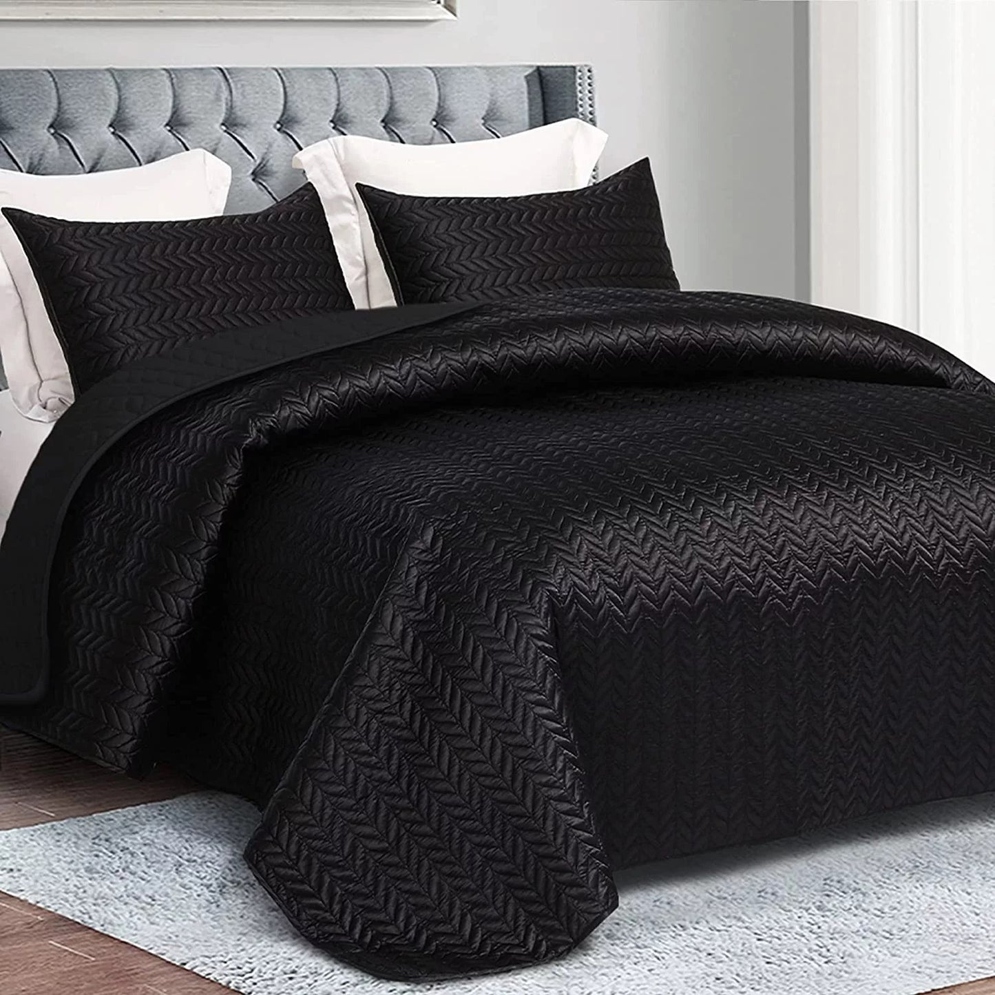 Whale Flotilla 3-Piece Luxury Satin Quilt Set King Size, Reversible Lightweight Coverlet Bedspreads Bedding Set with Pillow Shams,94x104 Inches,Black