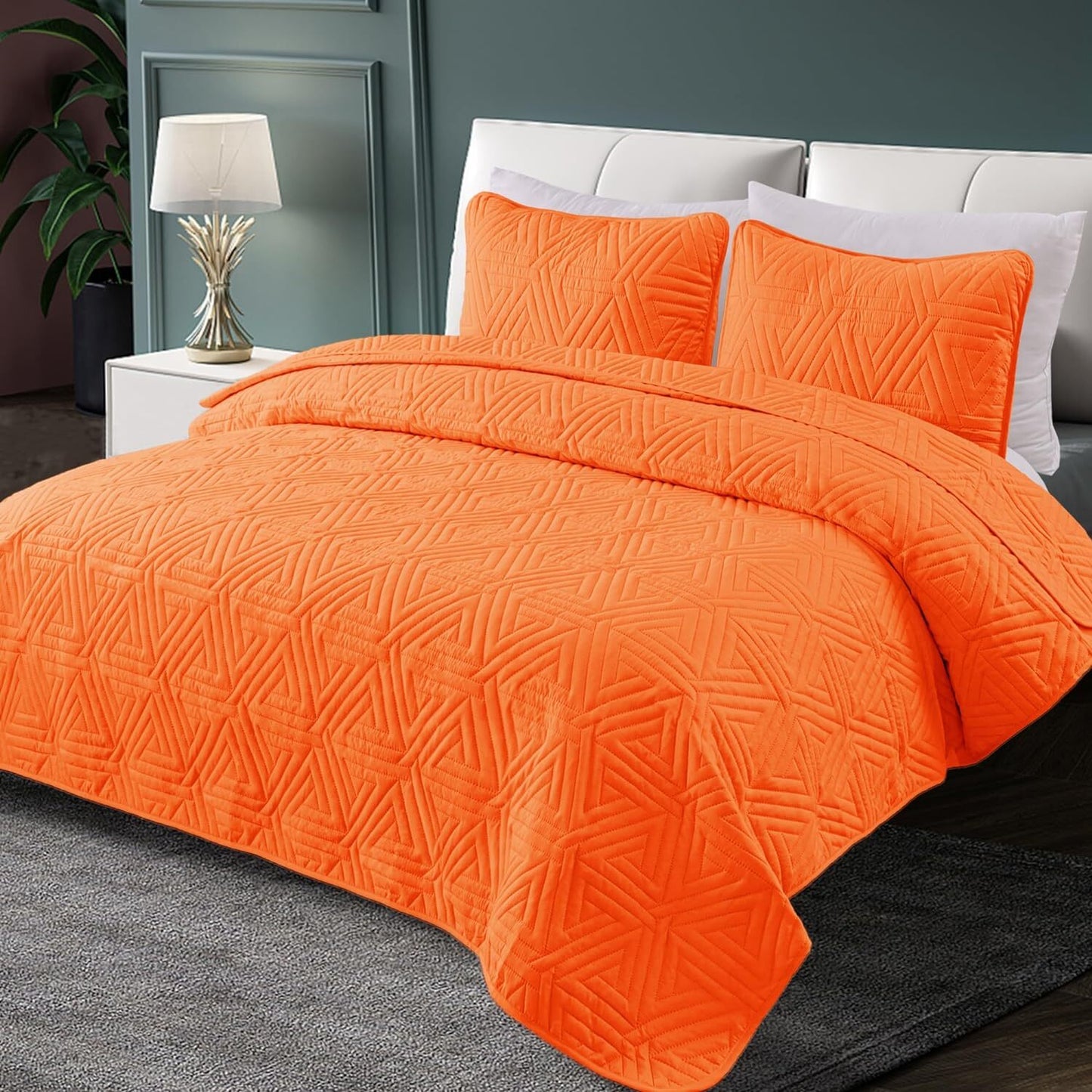 Whale Flotilla 2-Piece Twin Size Quilt Set/Bedspreads/Coverlets for All Season, Classic Geometric Pattern Bedding Set with Pillow Sham, Soft and Lightweight, Orange