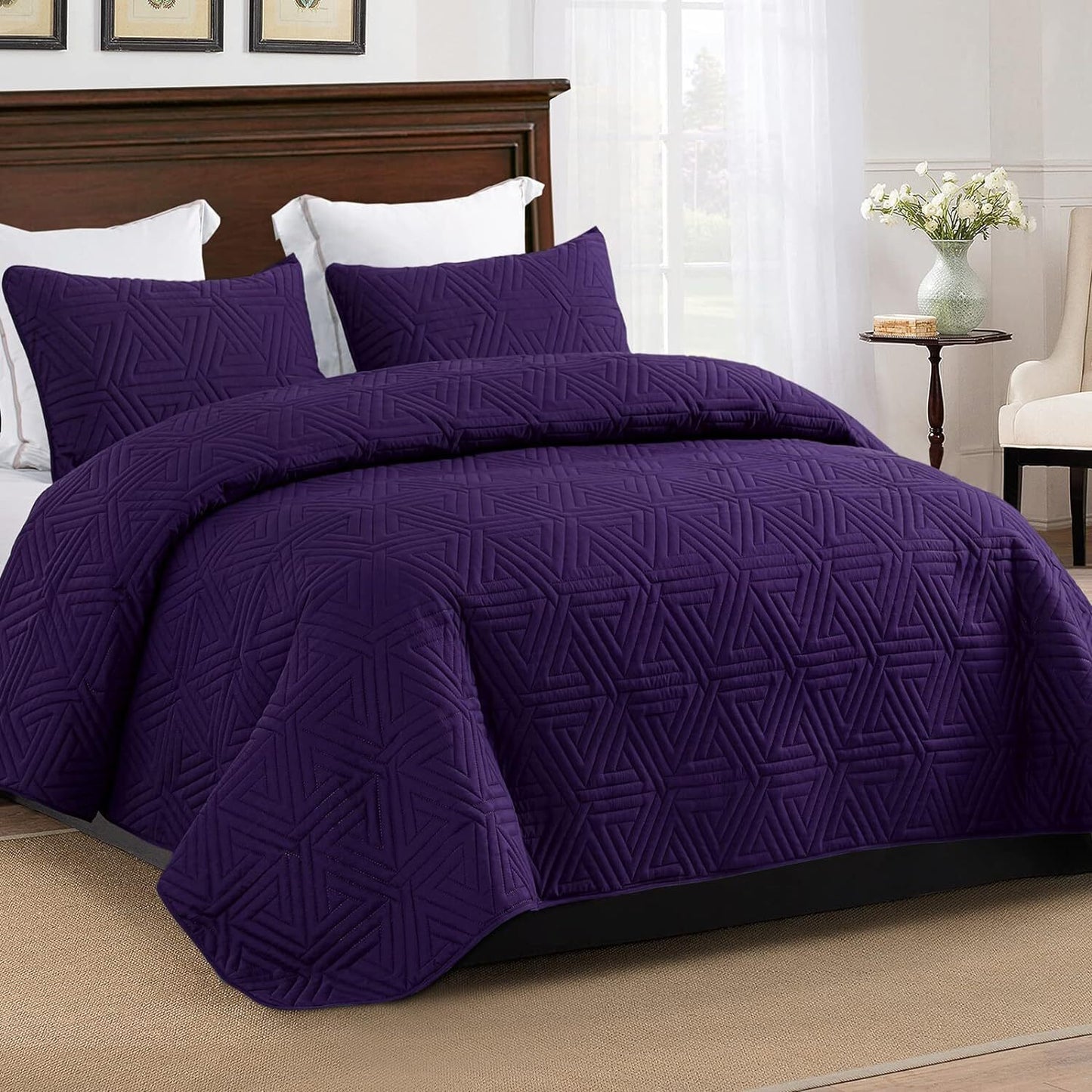 Whale Flotilla Soft King Size Quilt Set for All Seasons, 3-Piece Ultrasonic Geometric Bedding Set, Lightweight Reversible Bedspread, Coverlet, Bed Cover with 2 Pillow Shams, Purple