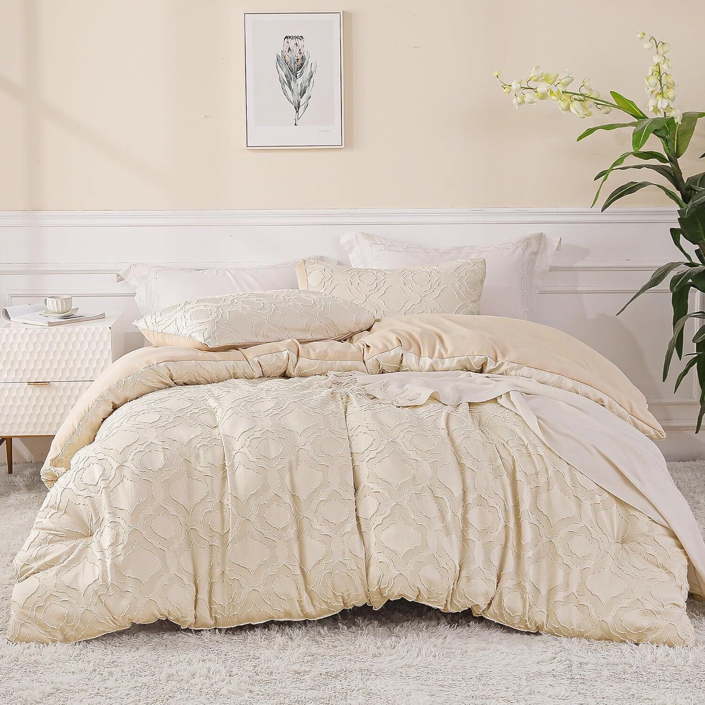 Whale Flotilla 3-Piece Tufted Queen Comforter Set, Soft Fluffy Shabby Chic Comforter for All Seasons, Farmhouse Boho Duvet Bedding Sets with 2 Pillow Shams, 90"x90", Beige