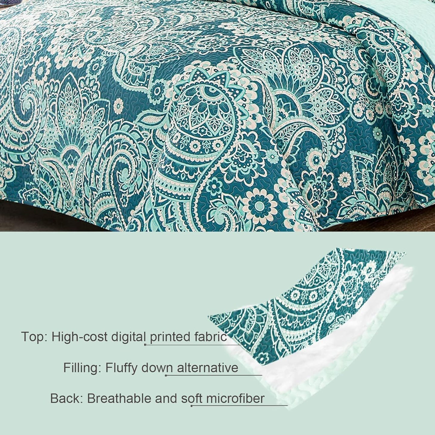 Whale Flotilla Reversible Paisley Quilts King Size, Lightweight Boho Printed Bedspreads Coverlets Quilt Bedding Set with 2 Pillow Shams for All Seasons, Turquoise