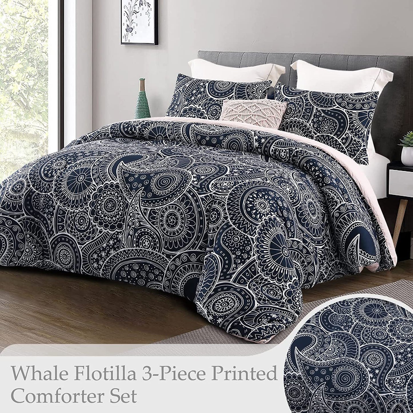 Whale Flotilla 3-Piece King Comforter Set, Soft Reversible Bedding Comforter Sets, Paisley Printed Down Alternative Comforter Duvet for All Seasons, Navy