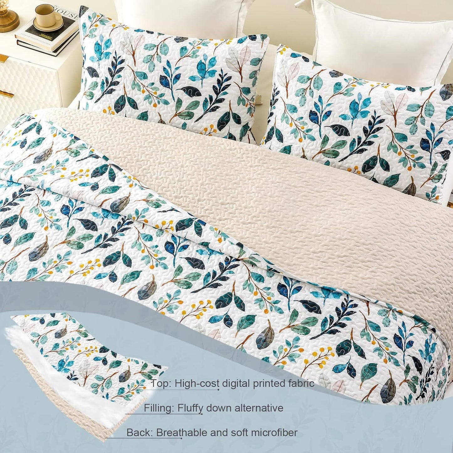 Whale Flotilla Reversible Floral Quilts King Size, Lightweight Boho Printed Bedspreads Coverlets Quilt Bedding Set with 2 Pillow Shams for All Seasons, White/Navy