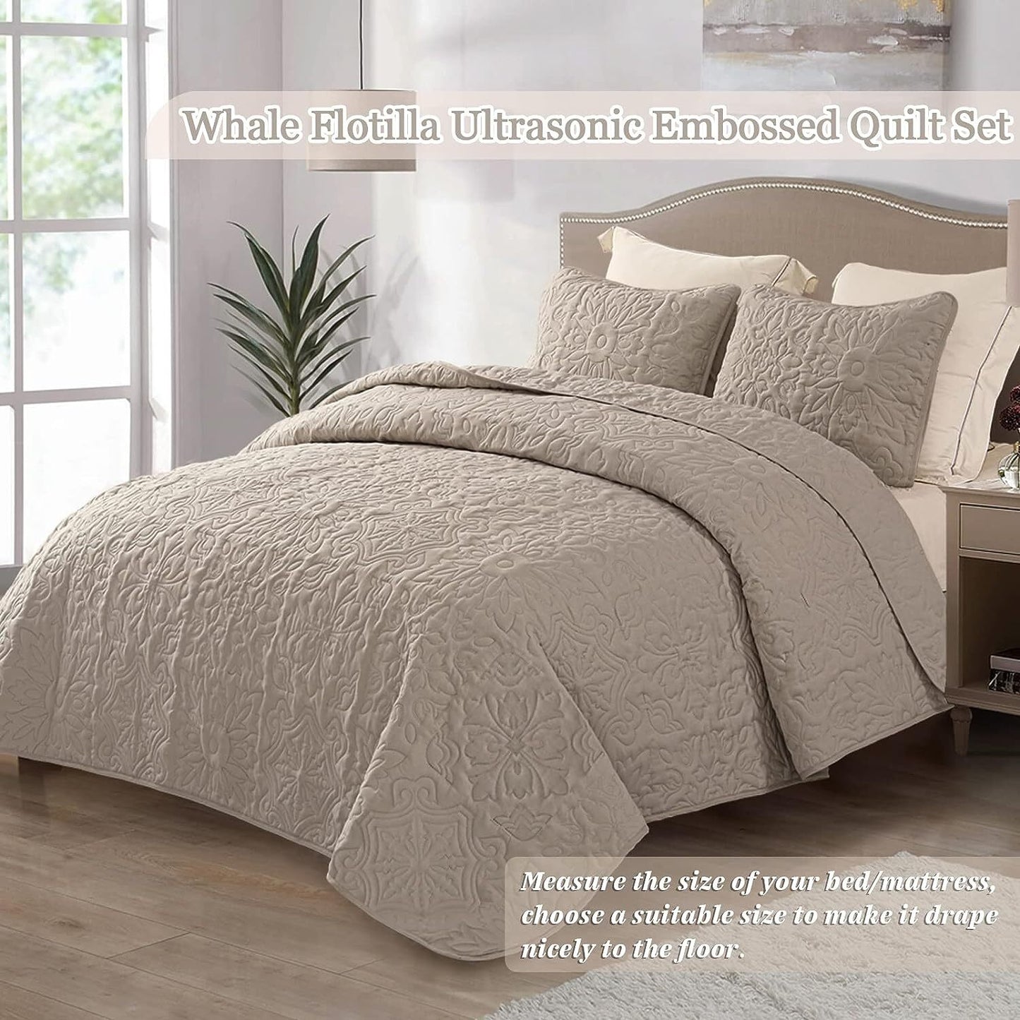 Whale Flotilla 3-Piece King Quilt Set, Soft Embossed Bedding Set, Lightweight Bedspread Coverlet with Damask Vintage Pattern, Reversible Bed Cover for All Seasons, Light Grey