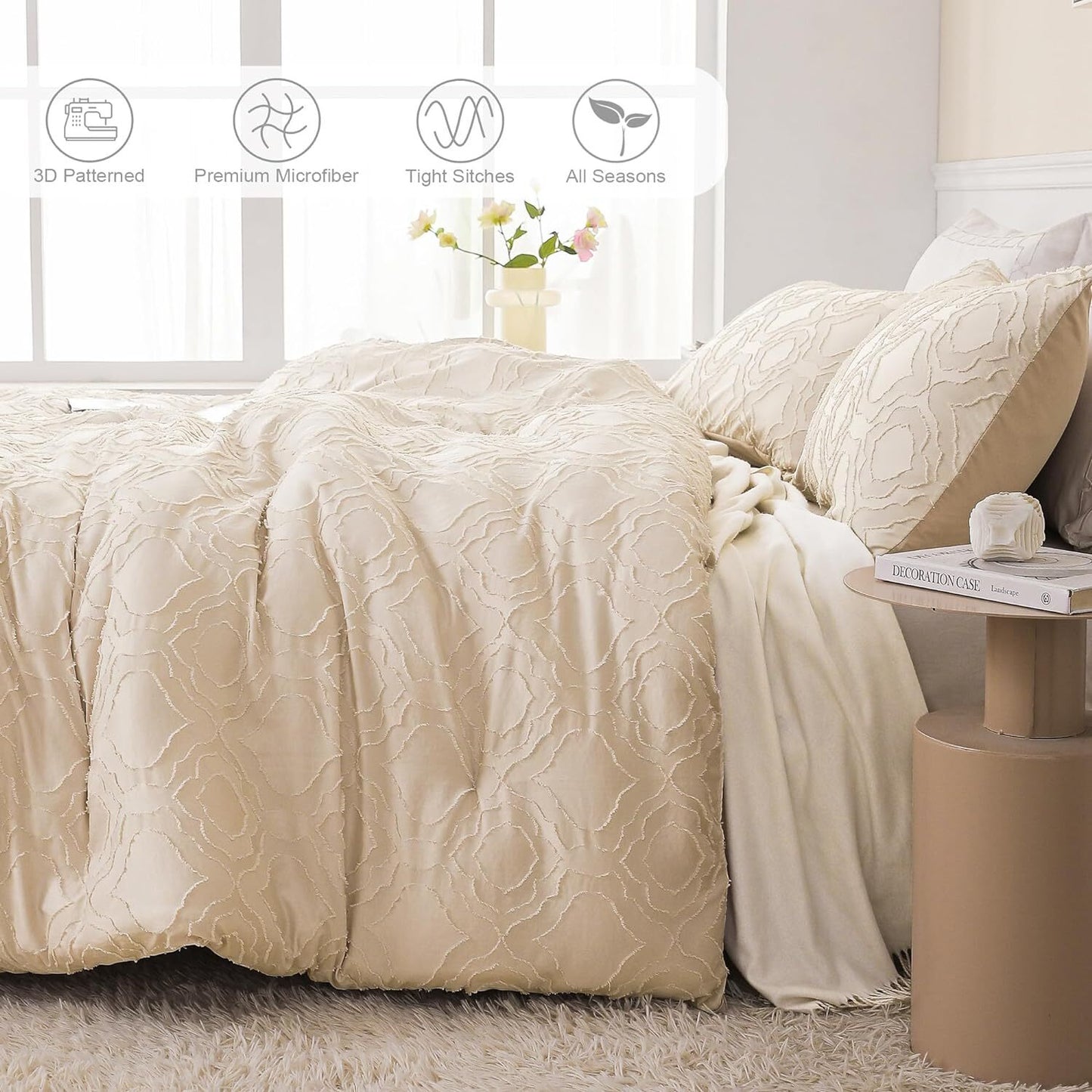 Whale Flotilla 3-Piece Tufted Queen Comforter Set, Soft Fluffy Shabby Chic Comforter for All Seasons, Farmhouse Boho Duvet Bedding Sets with 2 Pillow Shams, 90"x90", Beige