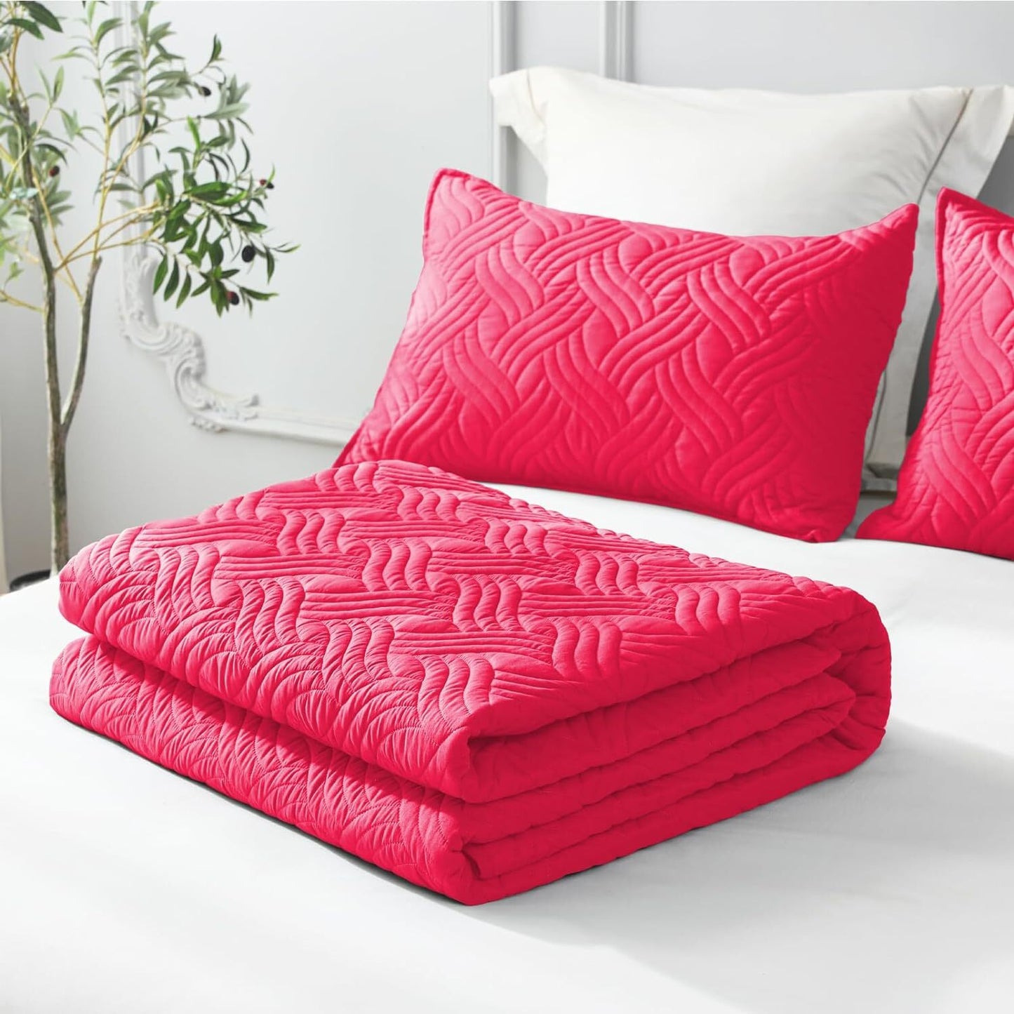 Whale Flotilla Quilt Set Twin Size, Soft Microfiber Lightweight Bedspread Coverlet Bed Cover (Wave Pattern) for All Seasons£¬Hot Pink, 2 Pieces (Includes 1 Quilt,1 Sham)