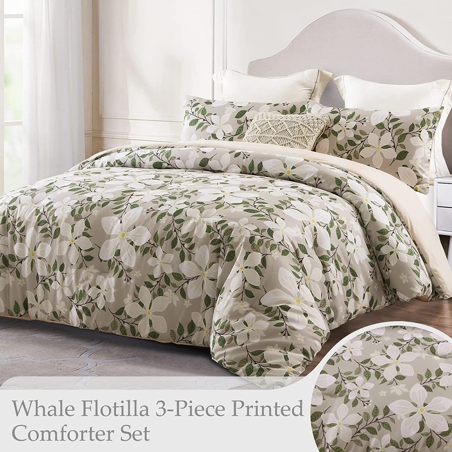 Whale Flotilla 3-Piece Queen Comforter Set, Soft Reversible Full Size Bedding Comforter Sets, Floral Printed Down Alternative Comforter Duvet for All Seasons, Bone