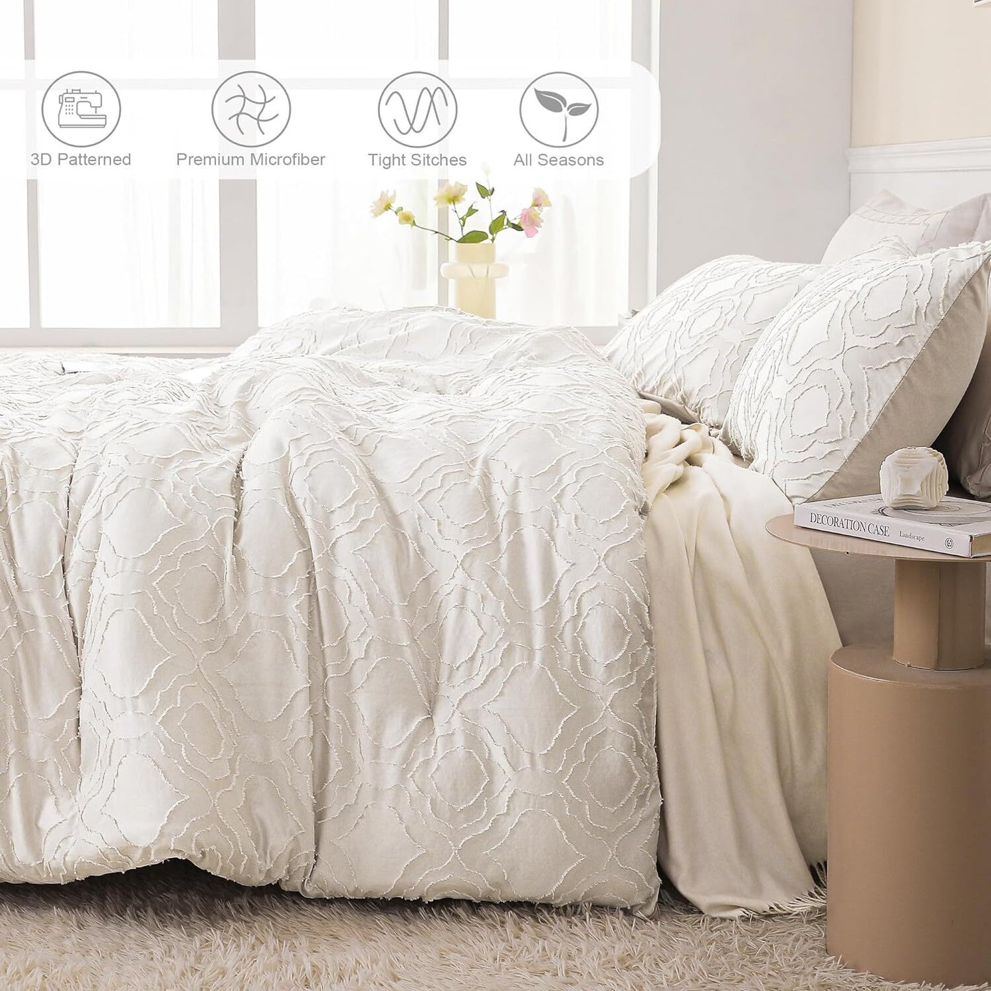 Whale Flotilla 3-Piece Tufted King Size Comforter Set, Soft Fluffy Shabby Chic Comforter for All Seasons, Farmhouse Boho Duvet Bedding Sets with 2 Pillow Shams, 90"x104", White