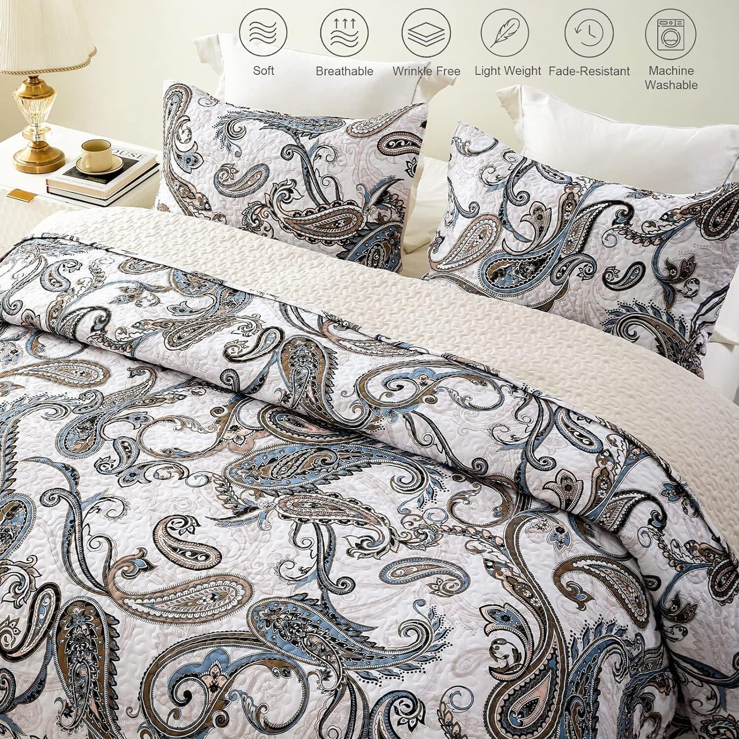 Whale Flotilla Reversible Paisley Quilts King Size, Lightweight Boho Printed Bedspreads Coverlets Quilt Bedding Set with 2 Pillow Shams for All Seasons, Bone/Grey