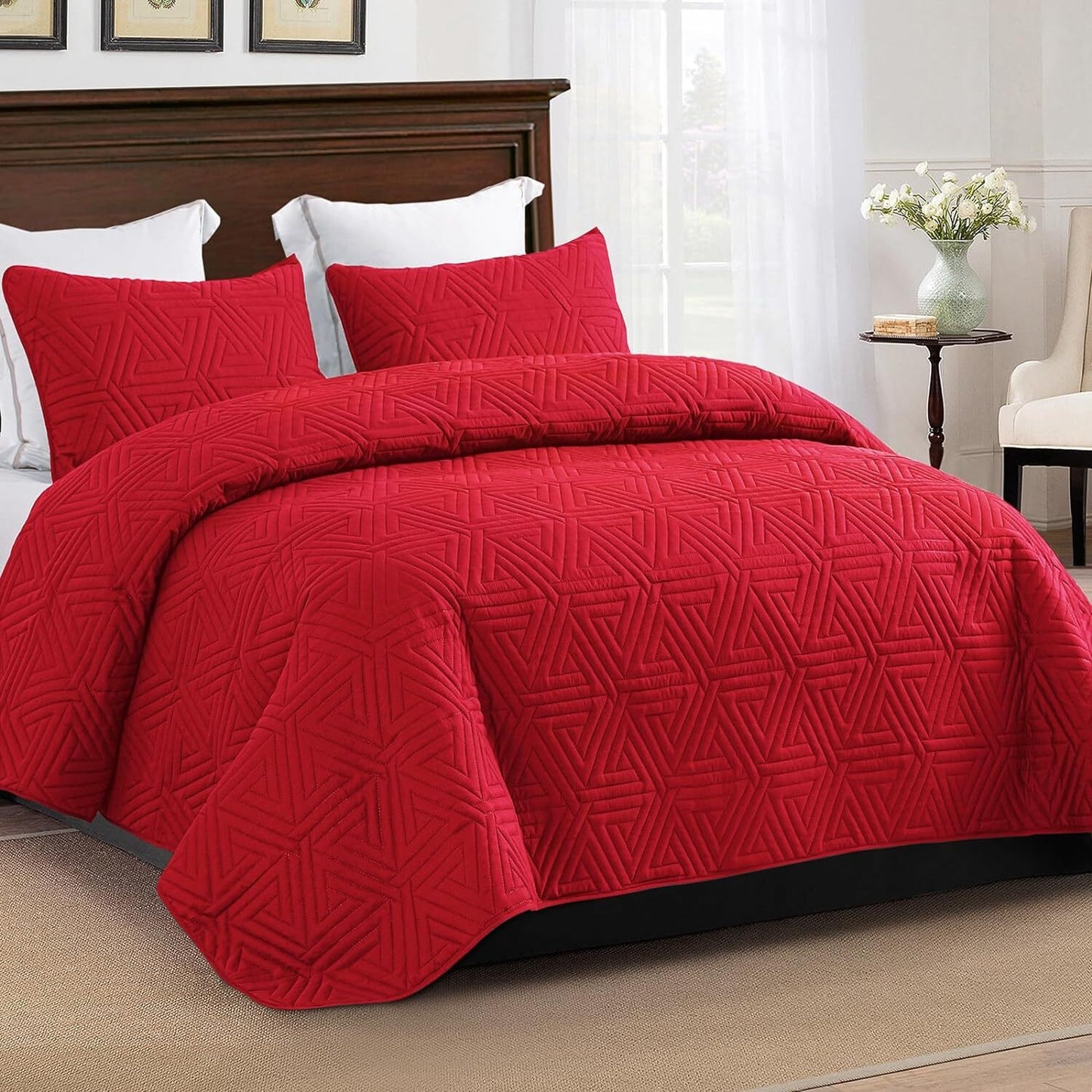 Whale Flotilla 3-Piece King Size Quilt Set/Bedspreads/Coverlets for All Season, Classic Geometric Pattern Bedding Set with 2 Pillow Shams, Soft and Lightweight, Red