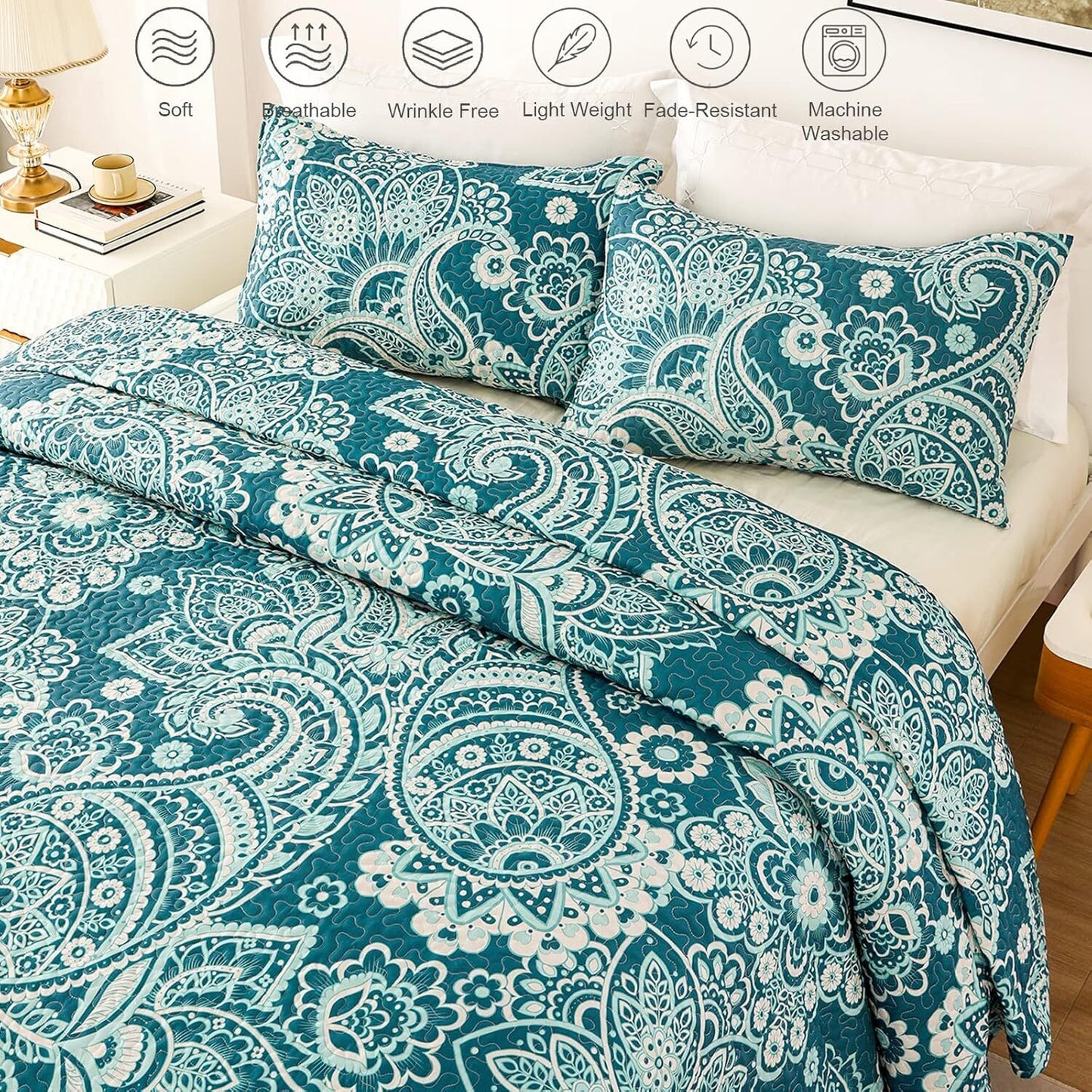 Whale Flotilla Reversible Paisley Quilts King Size, Lightweight Boho Printed Bedspreads Coverlets Quilt Bedding Set with 2 Pillow Shams for All Seasons, Turquoise