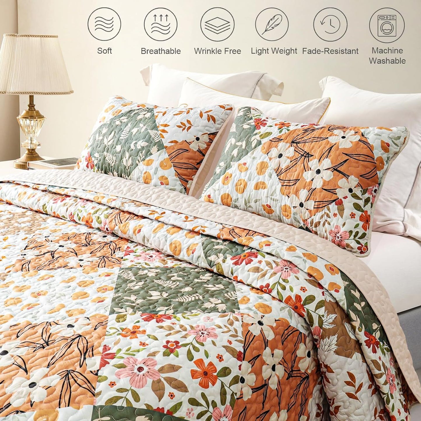 Whale Flotilla Reversible Patchwork Quilts King Size, Lightweight Boho Printed Bedspreads Coverlets Quilt Bedding Set with 2 Pillow Shams for All Seasons, Orange