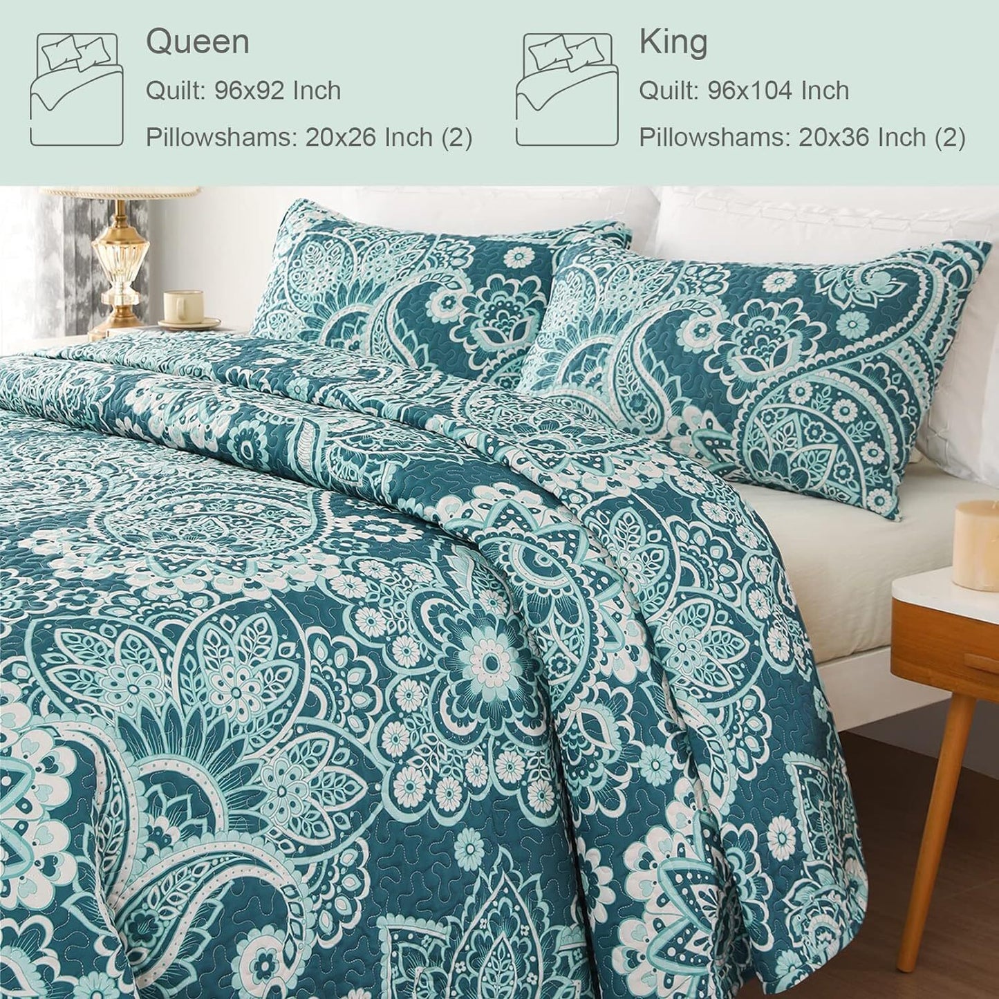 Whale Flotilla Reversible Paisley Quilts King Size, Lightweight Boho Printed Bedspreads Coverlets Quilt Bedding Set with 2 Pillow Shams for All Seasons, Turquoise