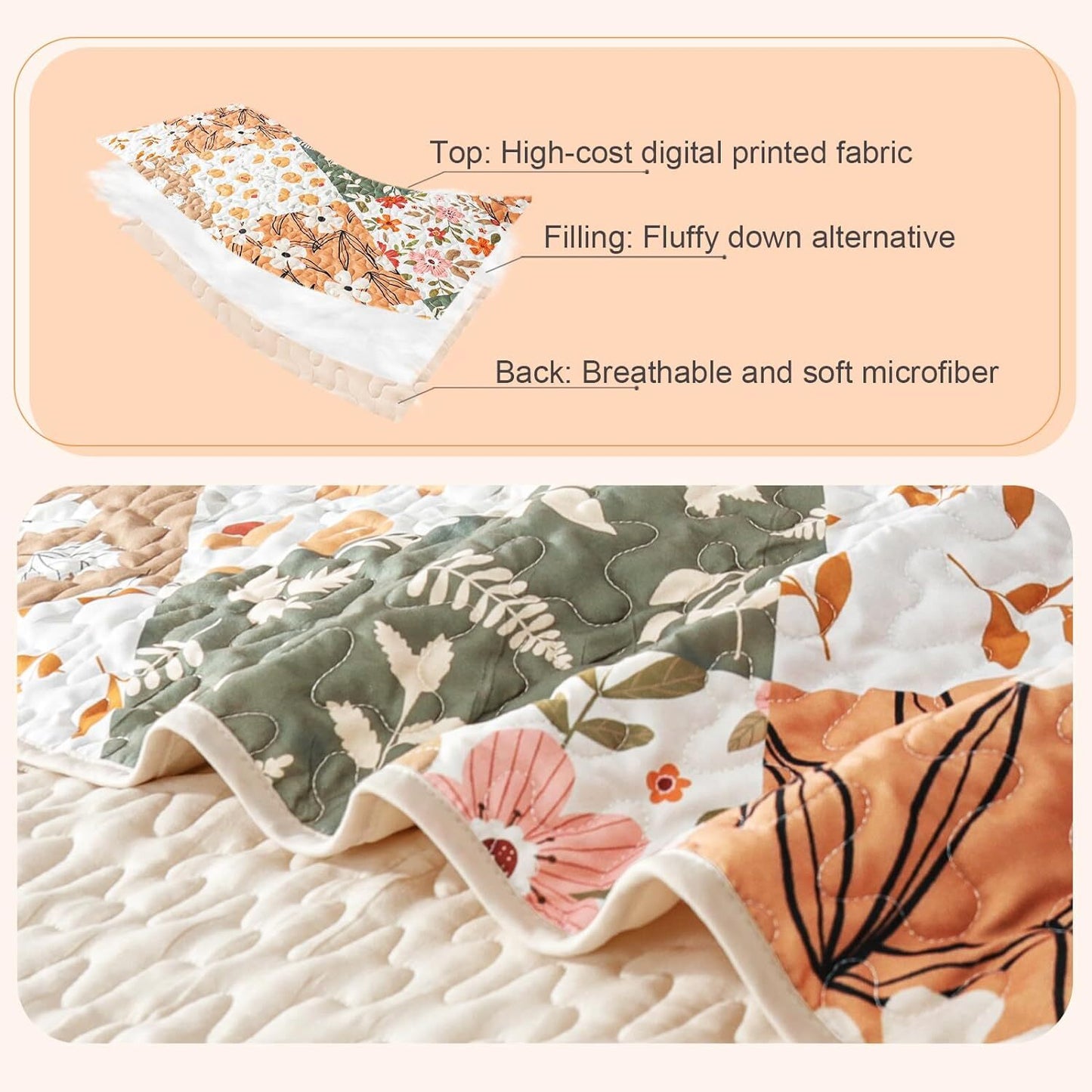 Whale Flotilla Reversible Patchwork Quilts King Size, Lightweight Boho Printed Bedspreads Coverlets Quilt Bedding Set with 2 Pillow Shams for All Seasons, Orange