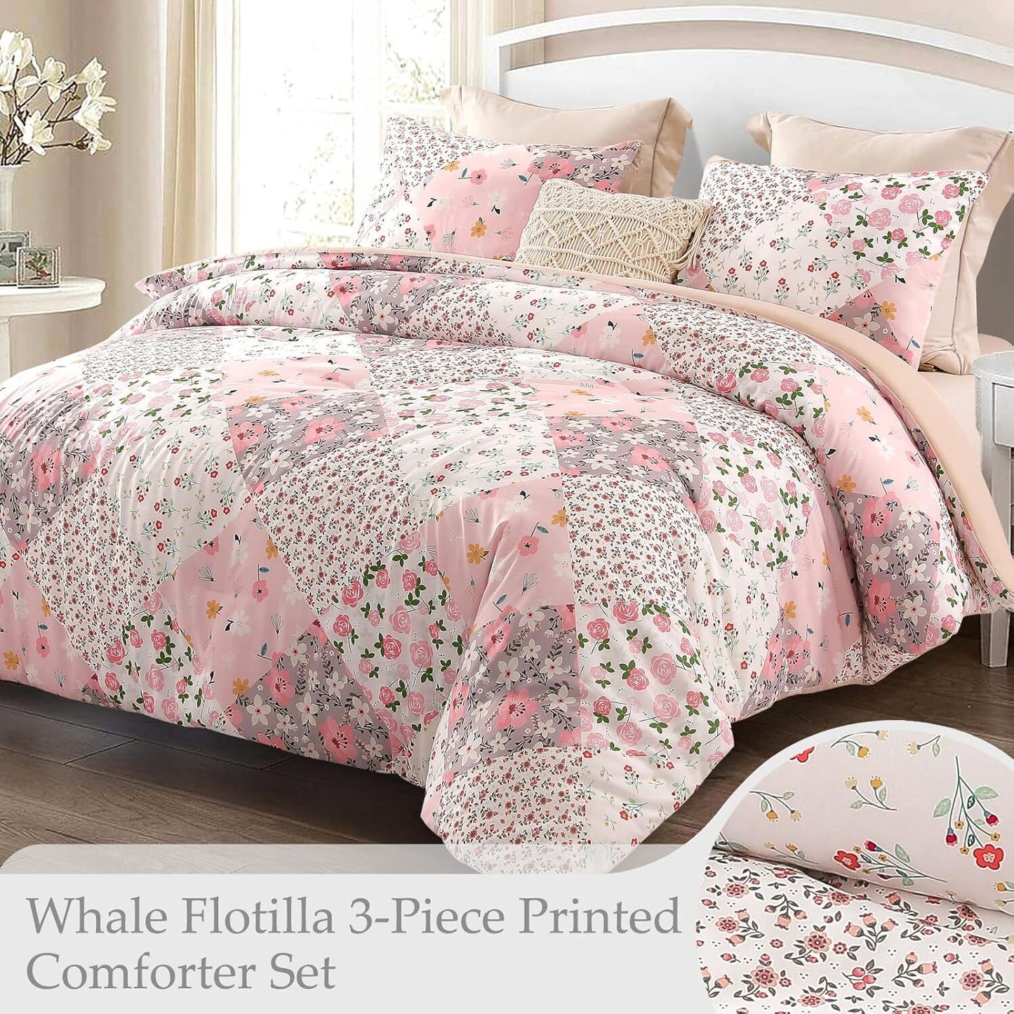 Whale Flotilla 3-Piece King Comforter Set, Soft Reversible Bedding Comforter Sets, Patchwork Printed Down Alternative Comforter Duvet for All Seasons, Pink