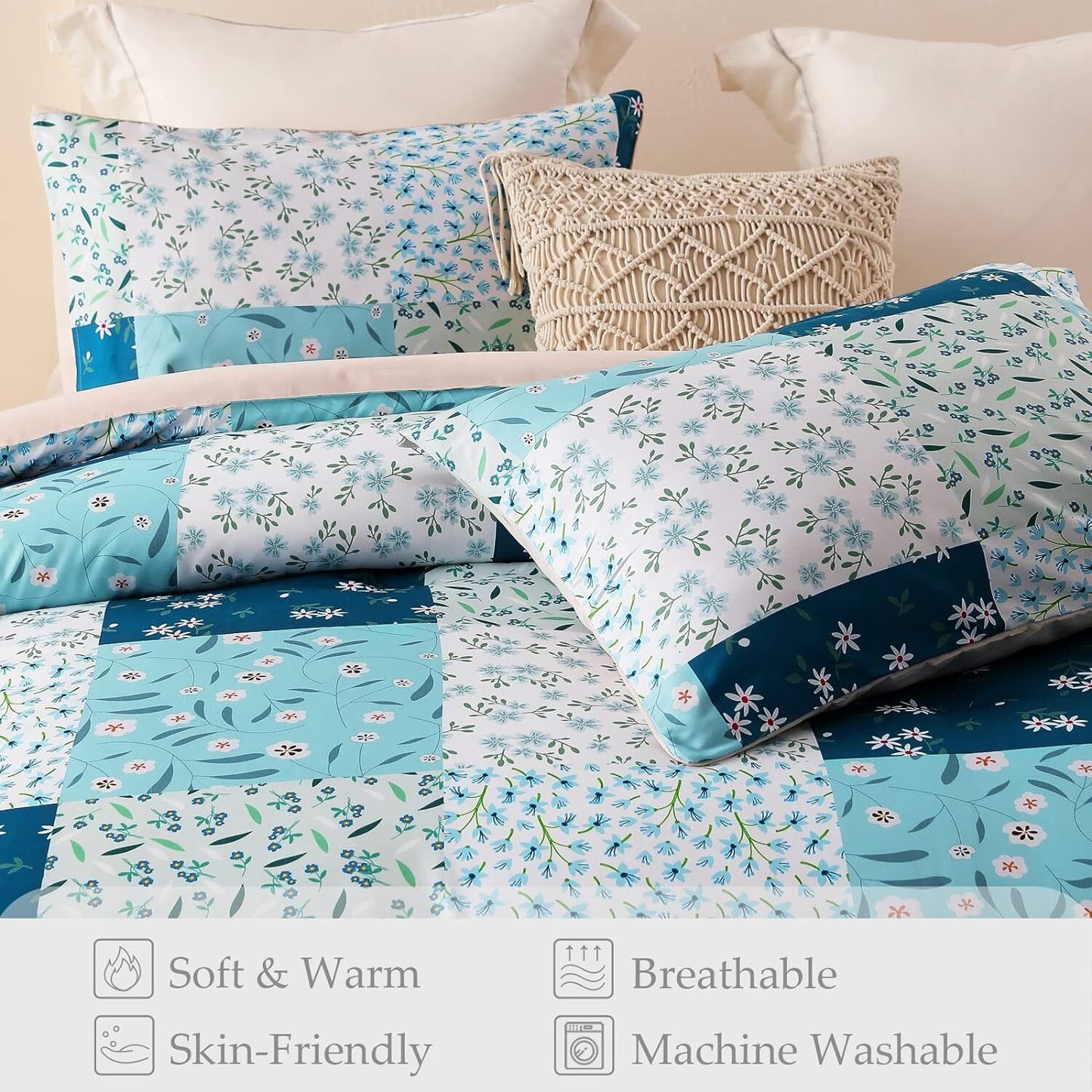 Whale Flotilla 3-Piece Queen Comforter Set, Soft Reversible Full Size Bedding Comforter Sets, Patchwork Printed Down Alternative Comforter Duvet for All Seasons, Blue