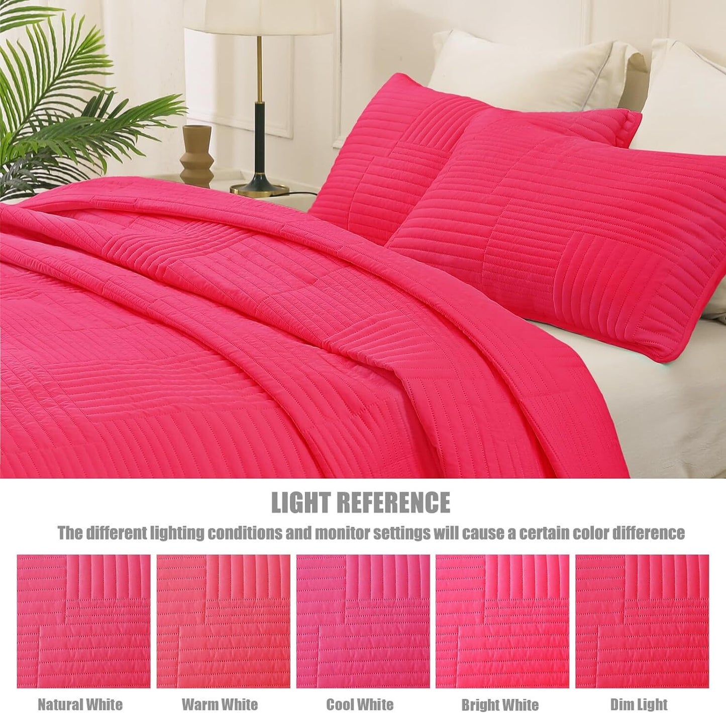 Whale Flotilla California King Quilt Set, Soft Oversized Quilts Bedspread Coverlet Striped Pattern, Lightweight Reversible Bedding Sets for All Seasons with Pillow Shams, 104x112 Inches, Hot Pink